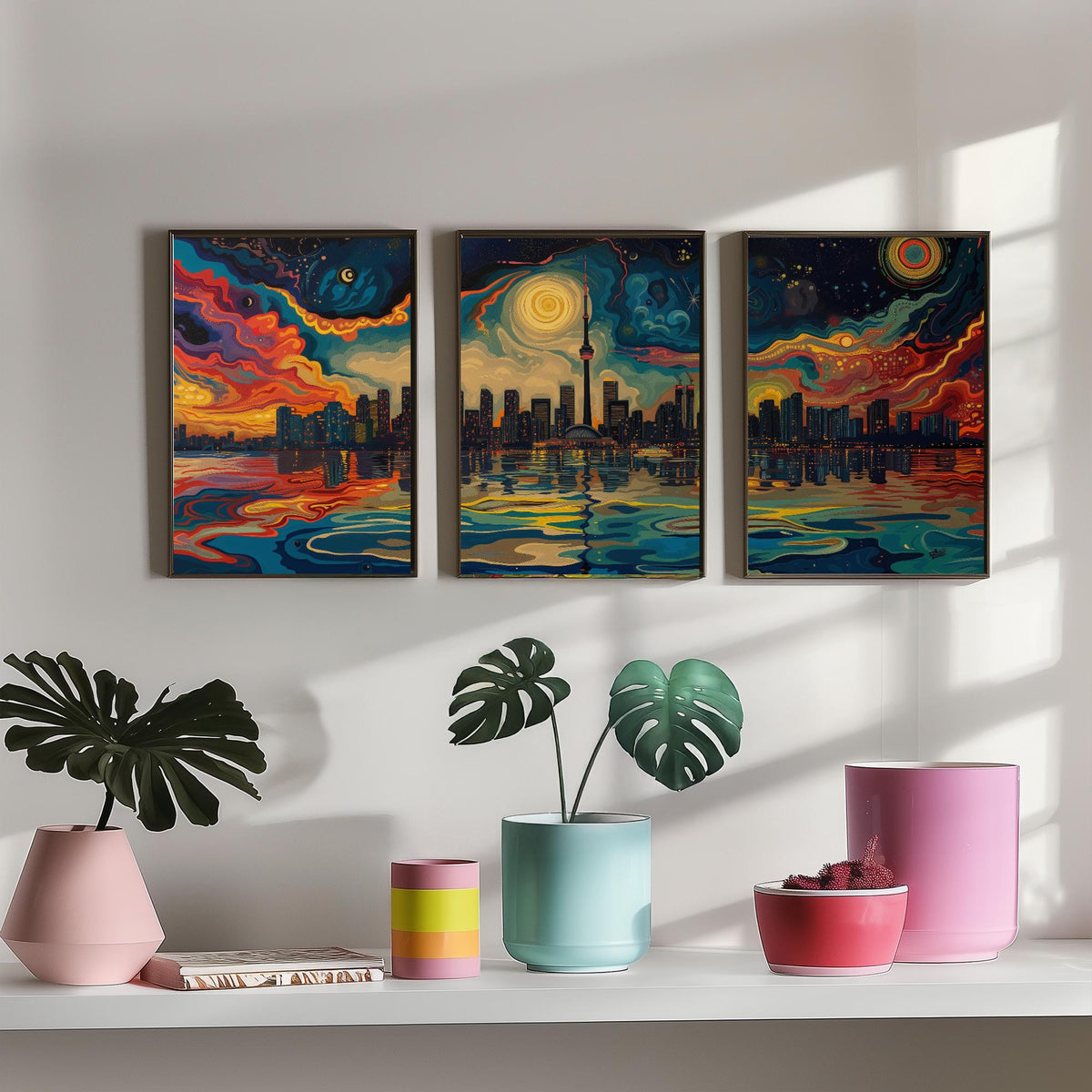 Toronto Canada Set of Three Prints | CN Tower Starry Night Skyline | Swirling Sky Painting Travel Art Print Poster