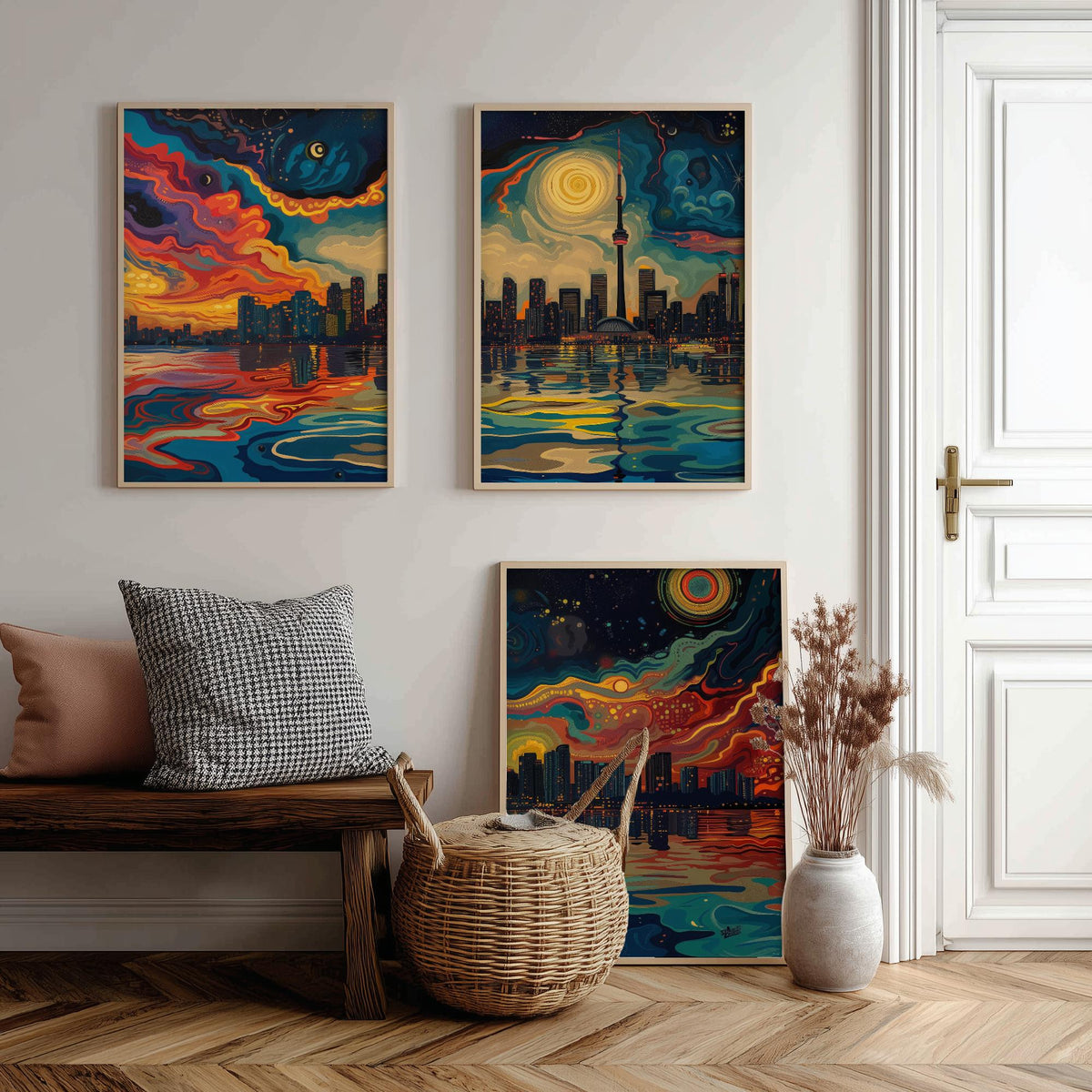 Toronto Canada Set of Three Prints | CN Tower Starry Night Skyline | Swirling Sky Painting Travel Art Print Poster