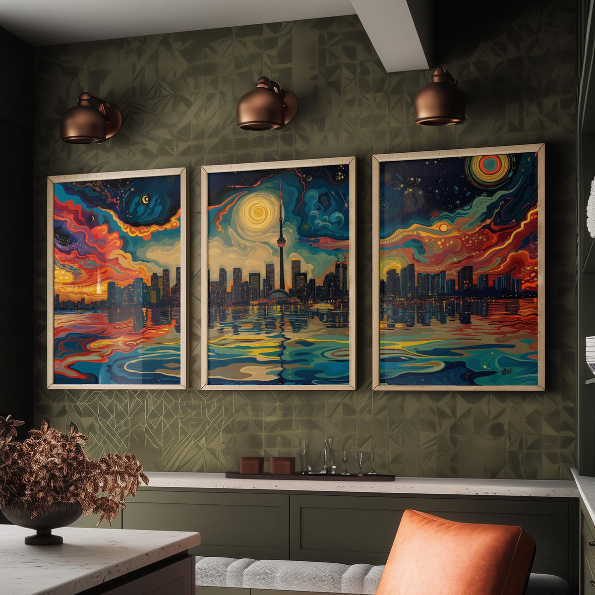 Toronto Canada Set of Three Prints | CN Tower Starry Night Skyline | Swirling Sky Painting Travel Art Print Poster