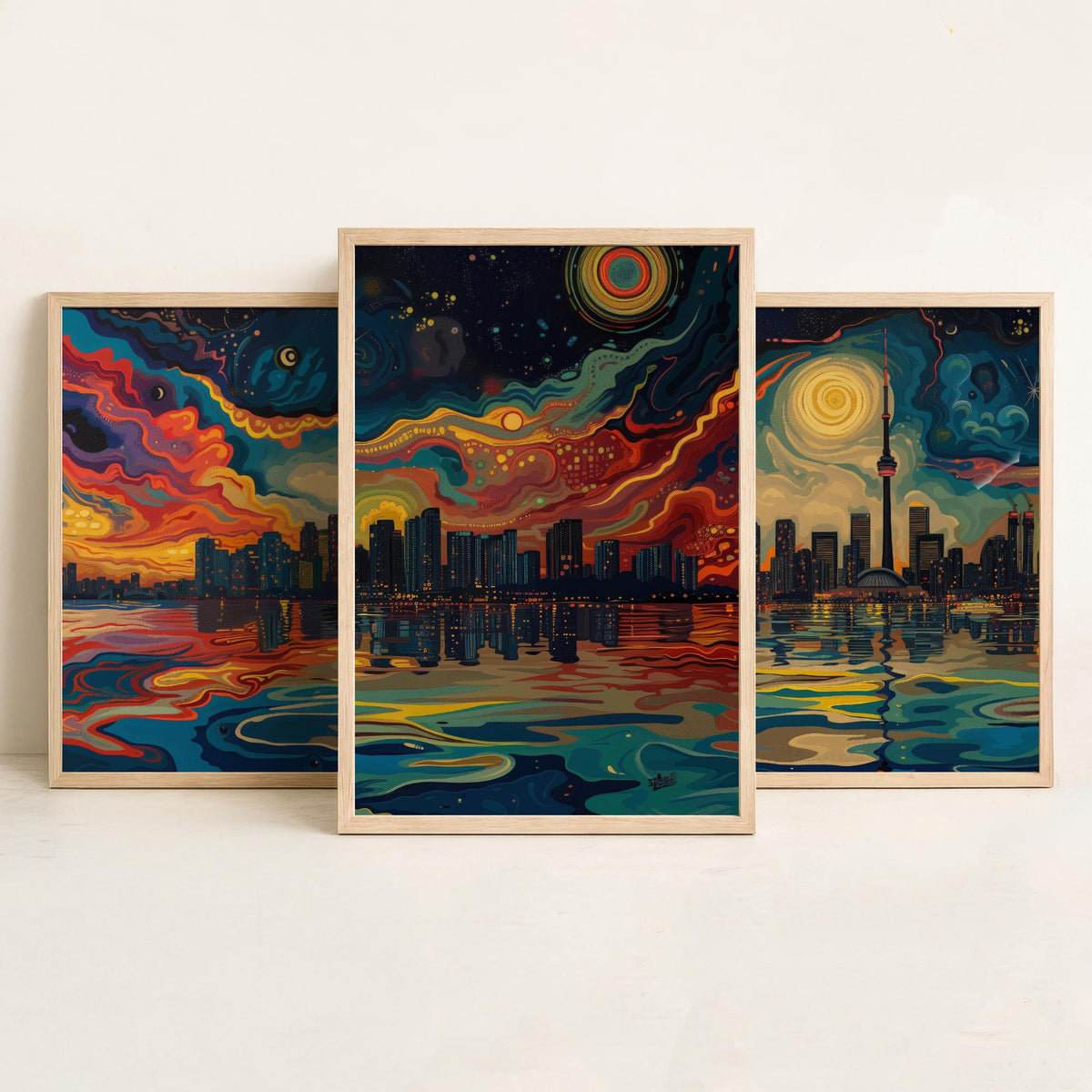 Toronto Canada Set of Three Prints | CN Tower Starry Night Skyline | Swirling Sky Painting Travel Art Print Poster