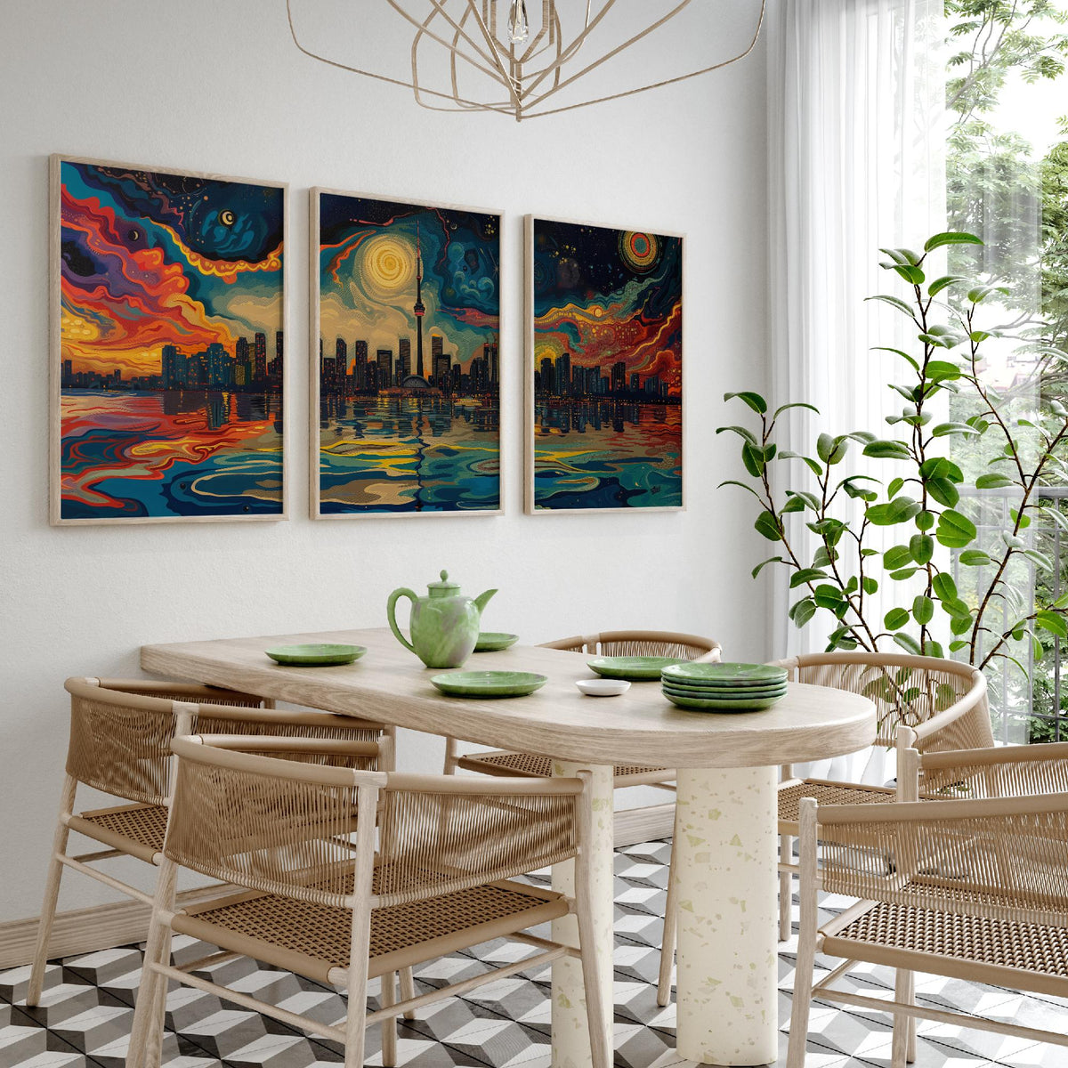 Toronto Canada Set of Three Prints | CN Tower Starry Night Skyline | Swirling Sky Painting Travel Art Print Poster