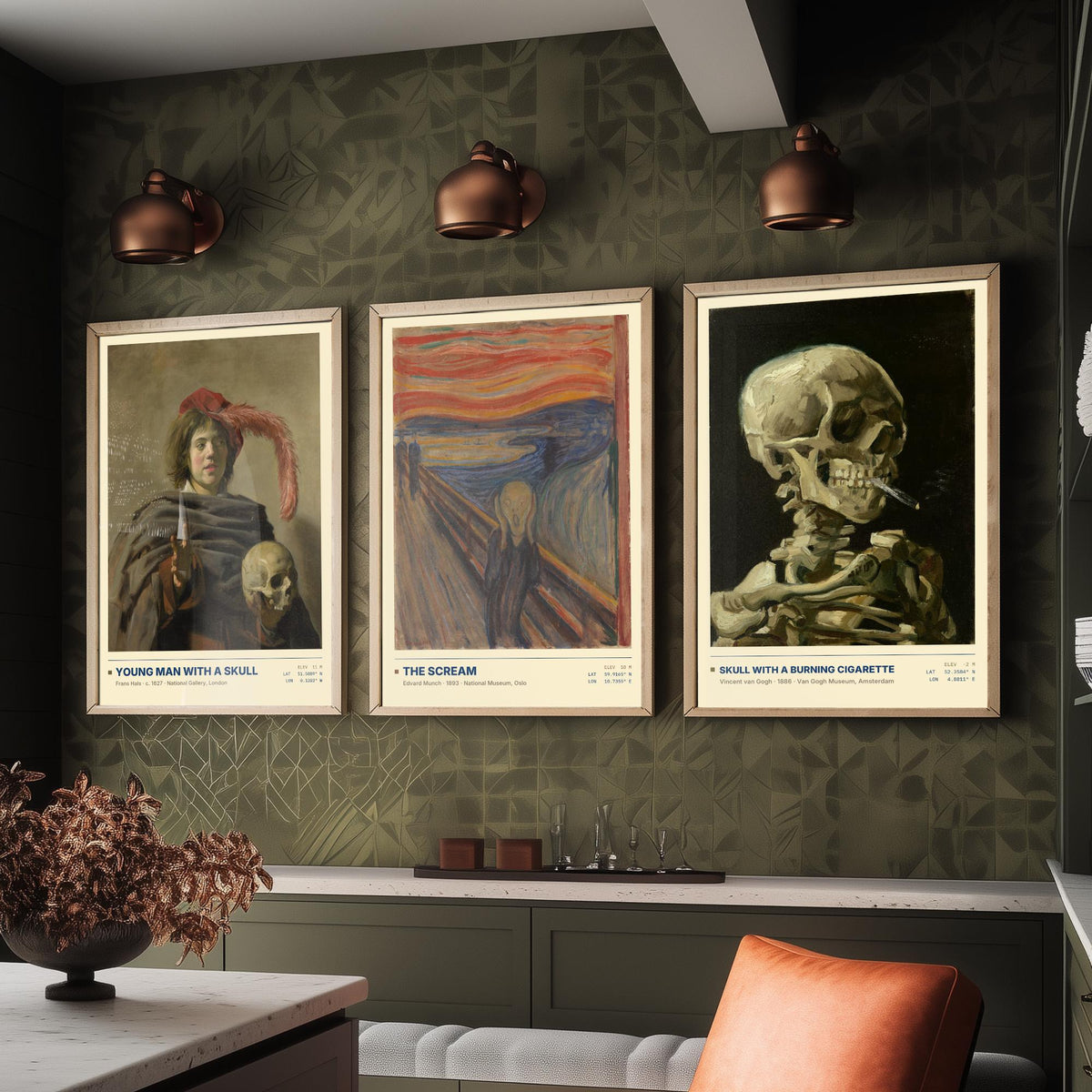 Memento Mori Set of Three Art Prints - The Scream, Skull with a Burning Cigarette - Munch Van Gogh Frans Hals Painting Posters
