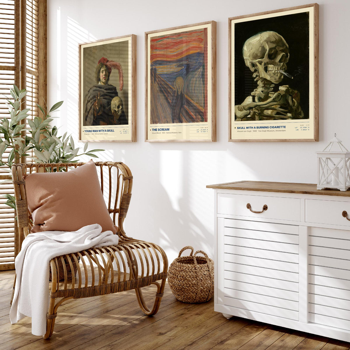 Memento Mori Set of Three Art Prints - The Scream, Skull with a Burning Cigarette - Munch Van Gogh Frans Hals Painting Posters