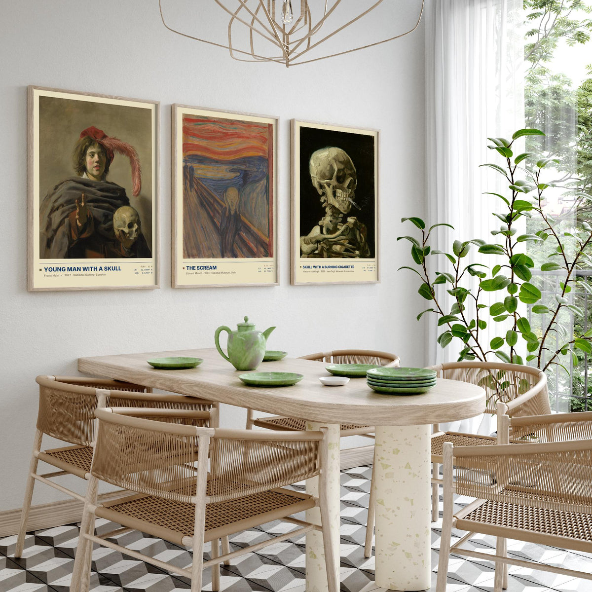 Memento Mori Set of Three Art Prints - The Scream, Skull with a Burning Cigarette - Munch Van Gogh Frans Hals Painting Posters