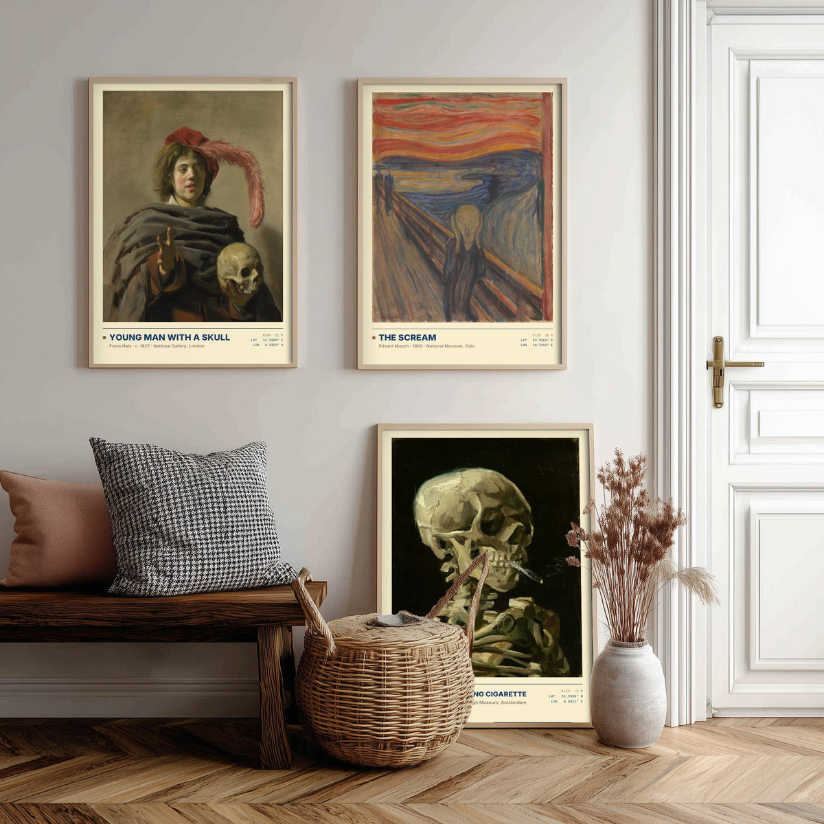 Memento Mori Set of Three Art Prints - The Scream, Skull with a Burning Cigarette - Munch Van Gogh Frans Hals Painting Posters