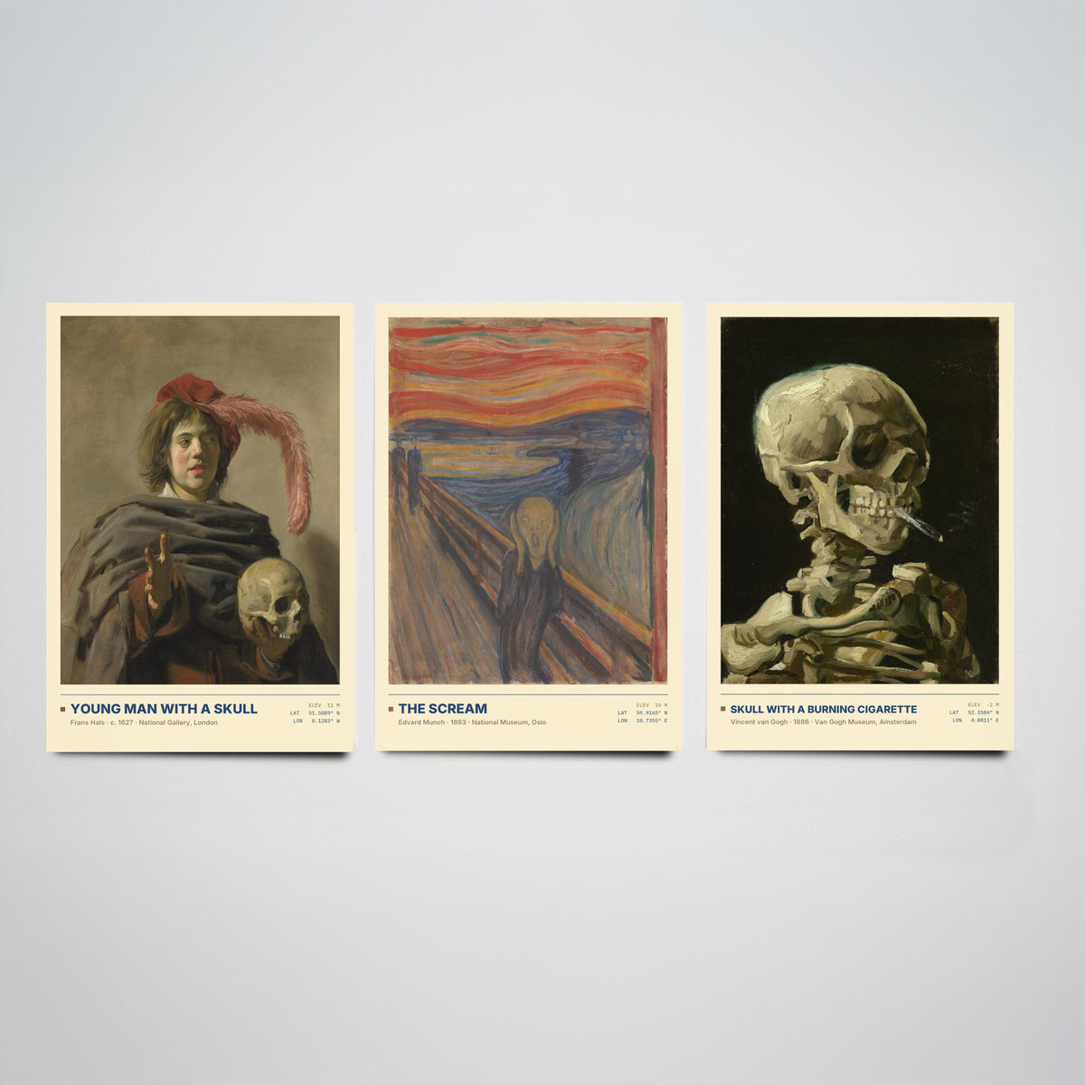 Memento Mori Set of Three Art Prints - The Scream, Skull with a Burning Cigarette - Munch Van Gogh Frans Hals Painting Posters