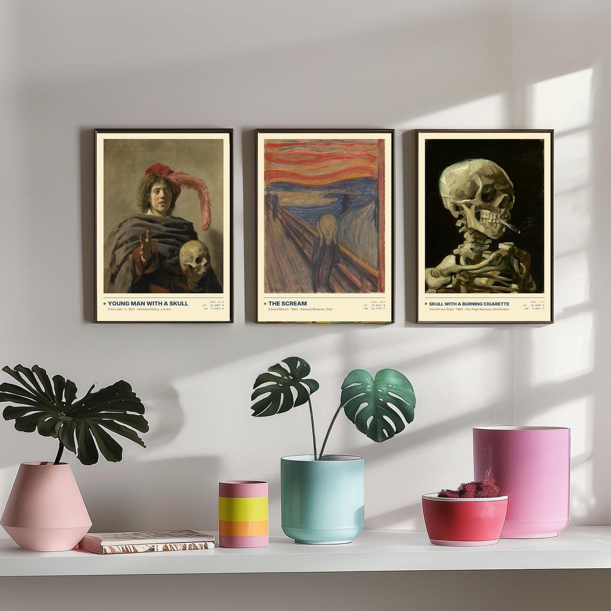 Memento Mori Set of Three Art Prints - The Scream, Skull with a Burning Cigarette - Munch Van Gogh Frans Hals Painting Posters