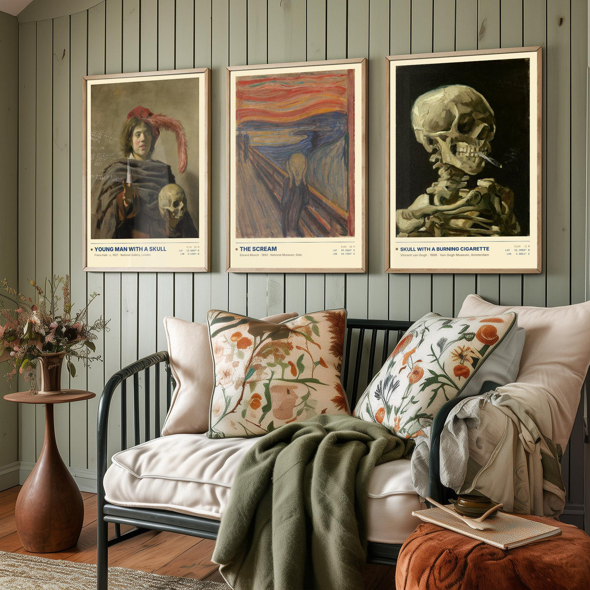 Memento Mori Set of Three Art Prints - The Scream, Skull with a Burning Cigarette - Munch Van Gogh Frans Hals Painting Posters