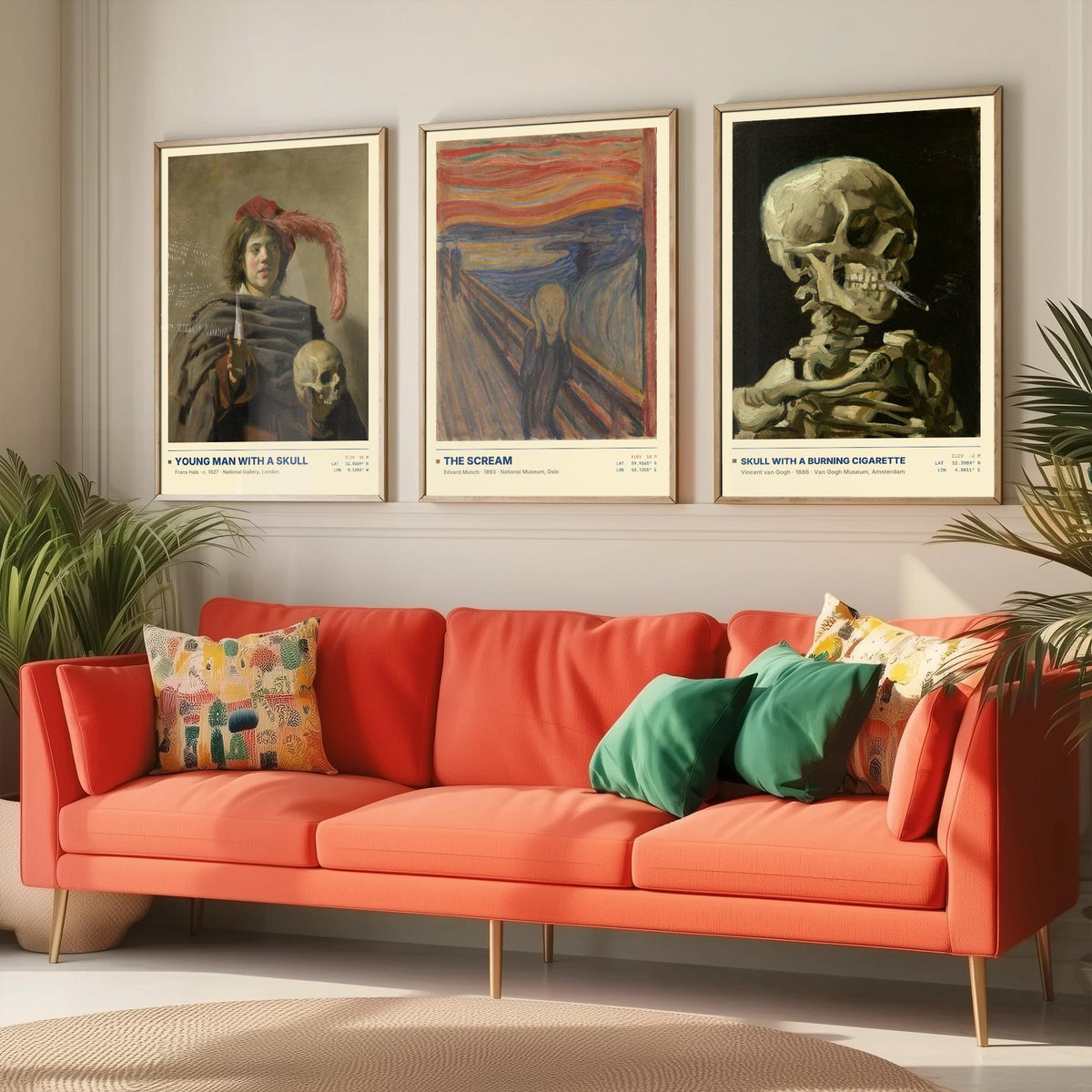 Memento Mori Set of Three Art Prints - The Scream, Skull with a Burning Cigarette - Munch Van Gogh Frans Hals Painting Posters