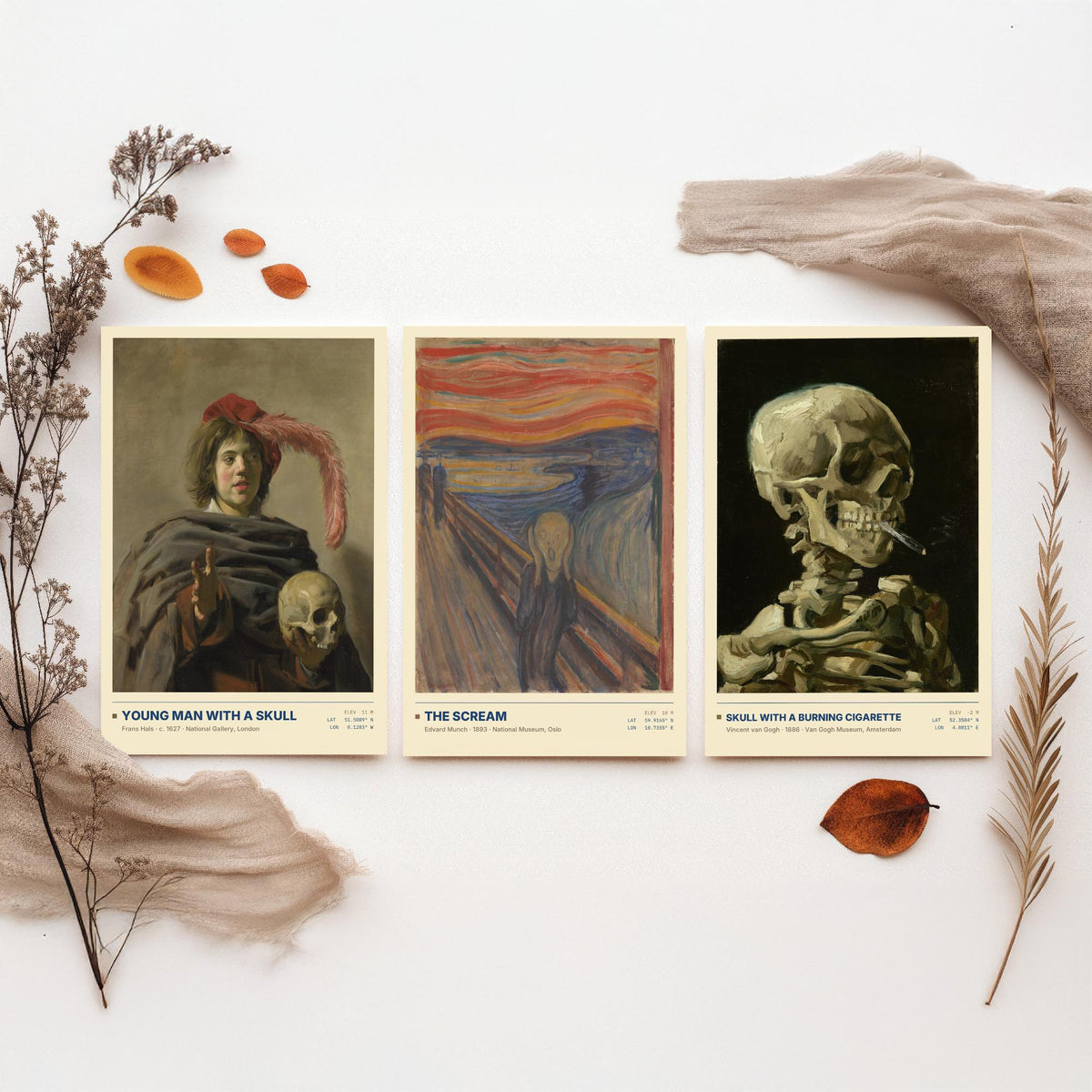 Memento Mori Set of Three Art Prints - The Scream, Skull with a Burning Cigarette - Munch Van Gogh Frans Hals Painting Posters
