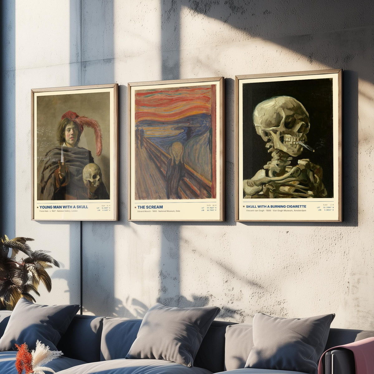 Memento Mori Set of Three Art Prints - The Scream, Skull with a Burning Cigarette - Munch Van Gogh Frans Hals Painting Posters