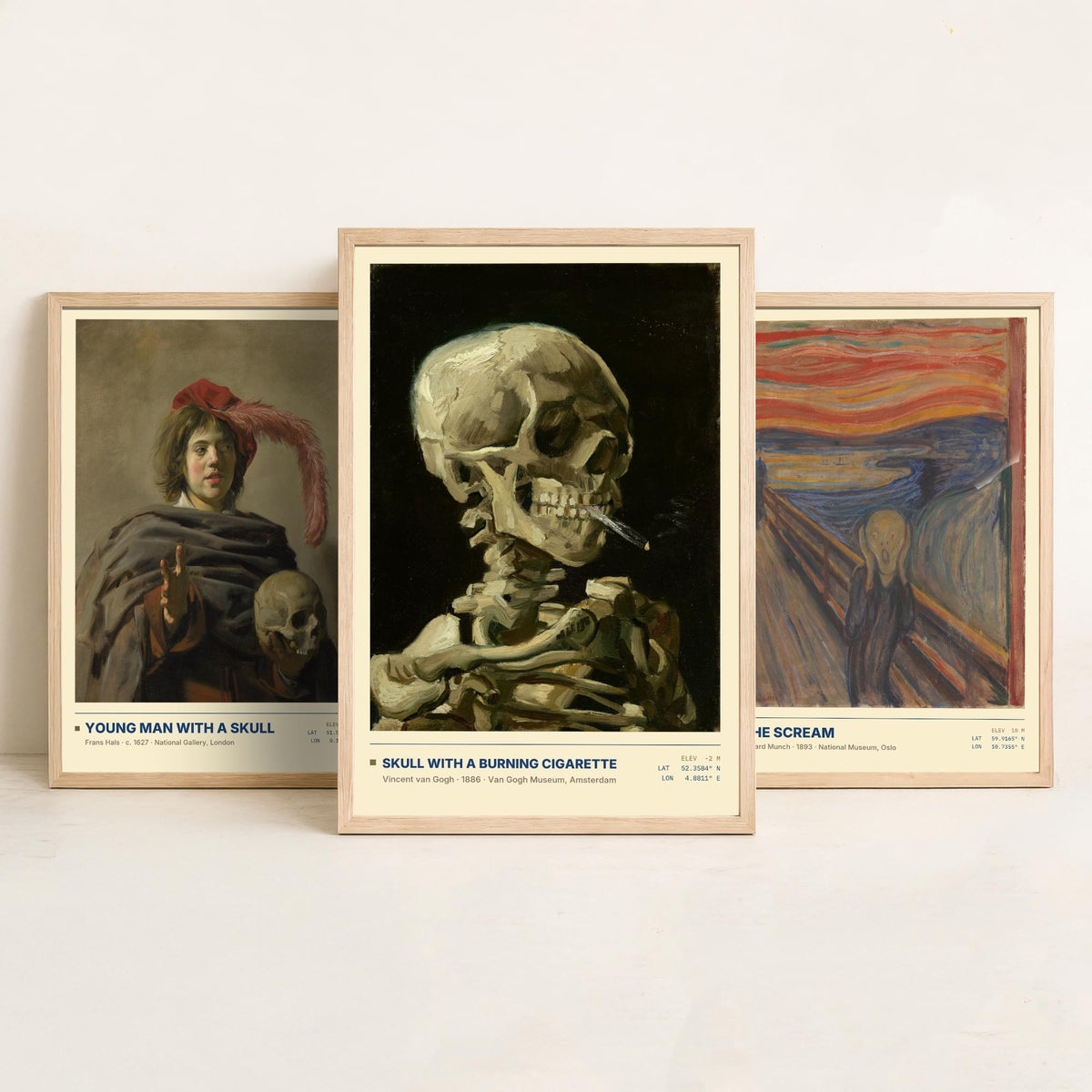 Memento Mori Set of Three Art Prints - The Scream, Skull with a Burning Cigarette - Munch Van Gogh Frans Hals Painting Posters