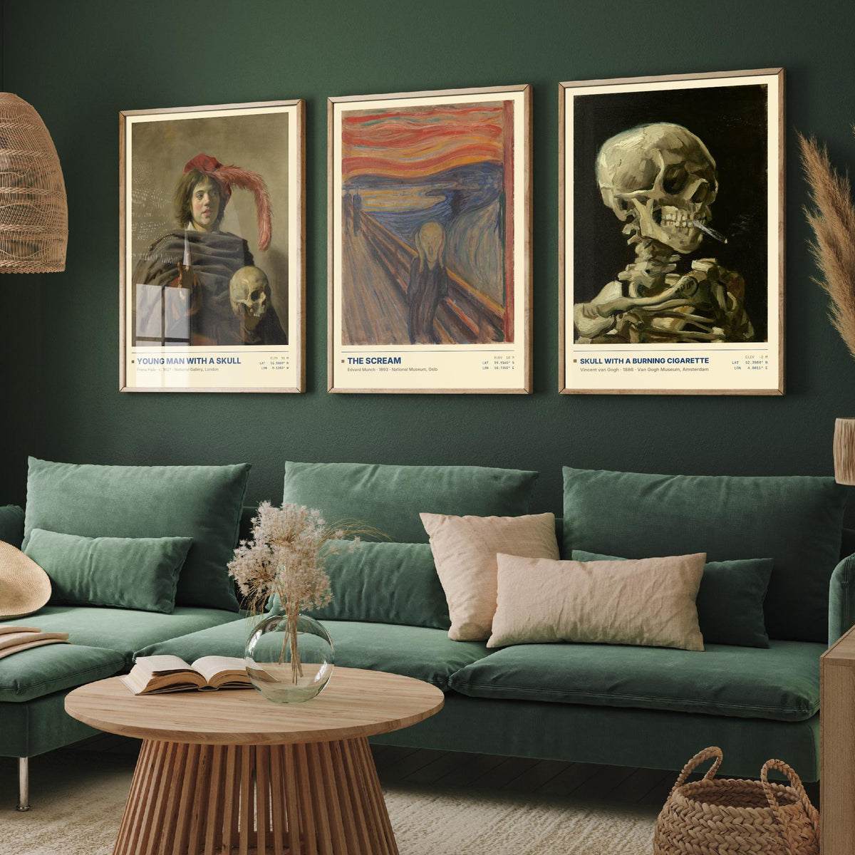 Memento Mori Set of Three Art Prints - The Scream, Skull with a Burning Cigarette - Munch Van Gogh Frans Hals Painting Posters