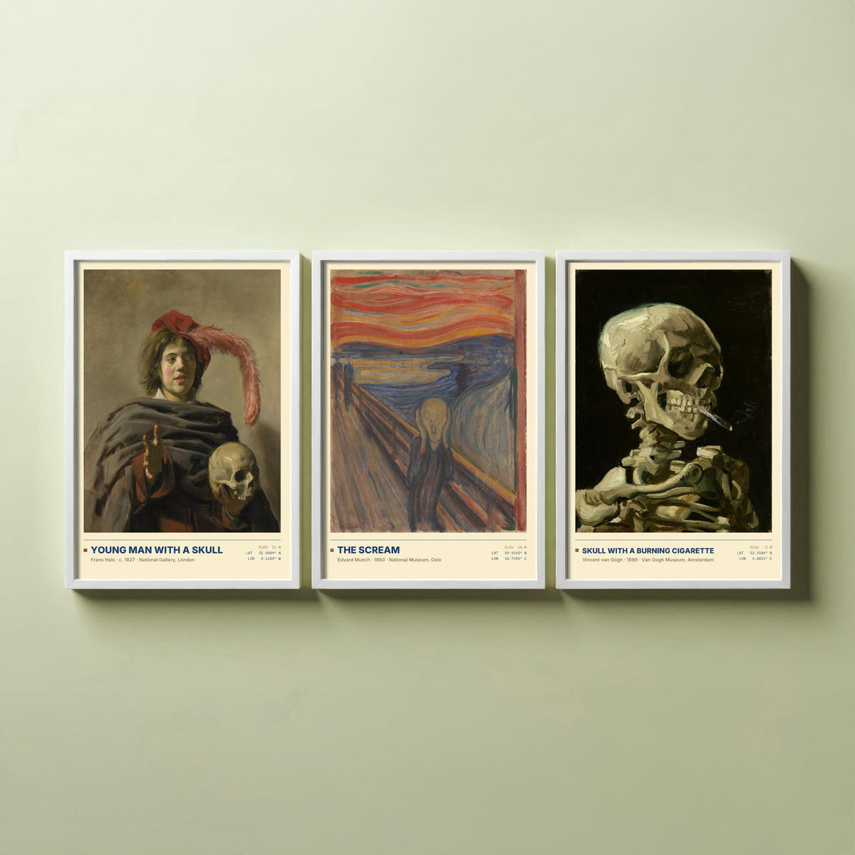 Memento Mori Set of Three Art Prints - The Scream, Skull with a Burning Cigarette - Munch Van Gogh Frans Hals Painting Posters