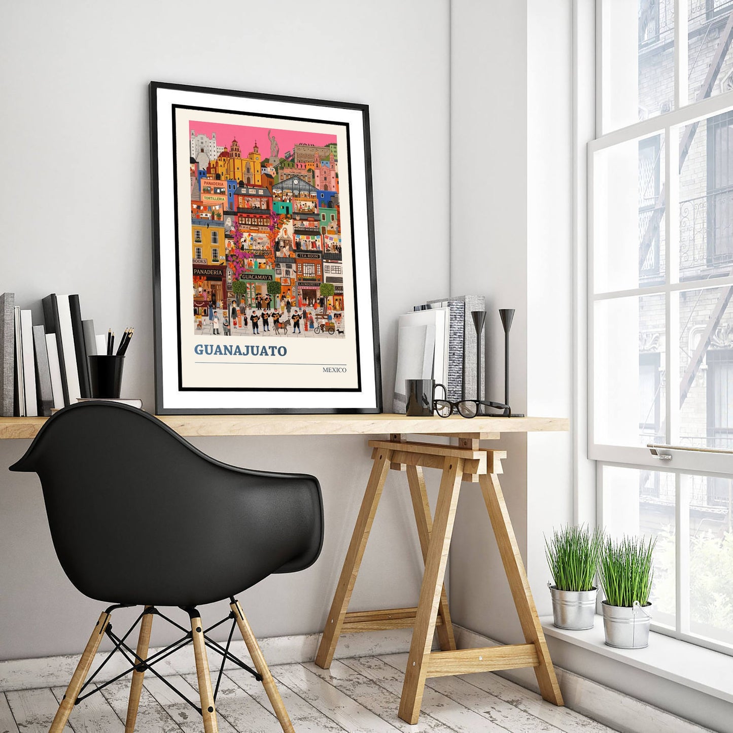 Guanajuato Mexico Travel Poster - Colourful Hillside City Art Print - Folk Art Illustration - Mariachi Streets 1/3