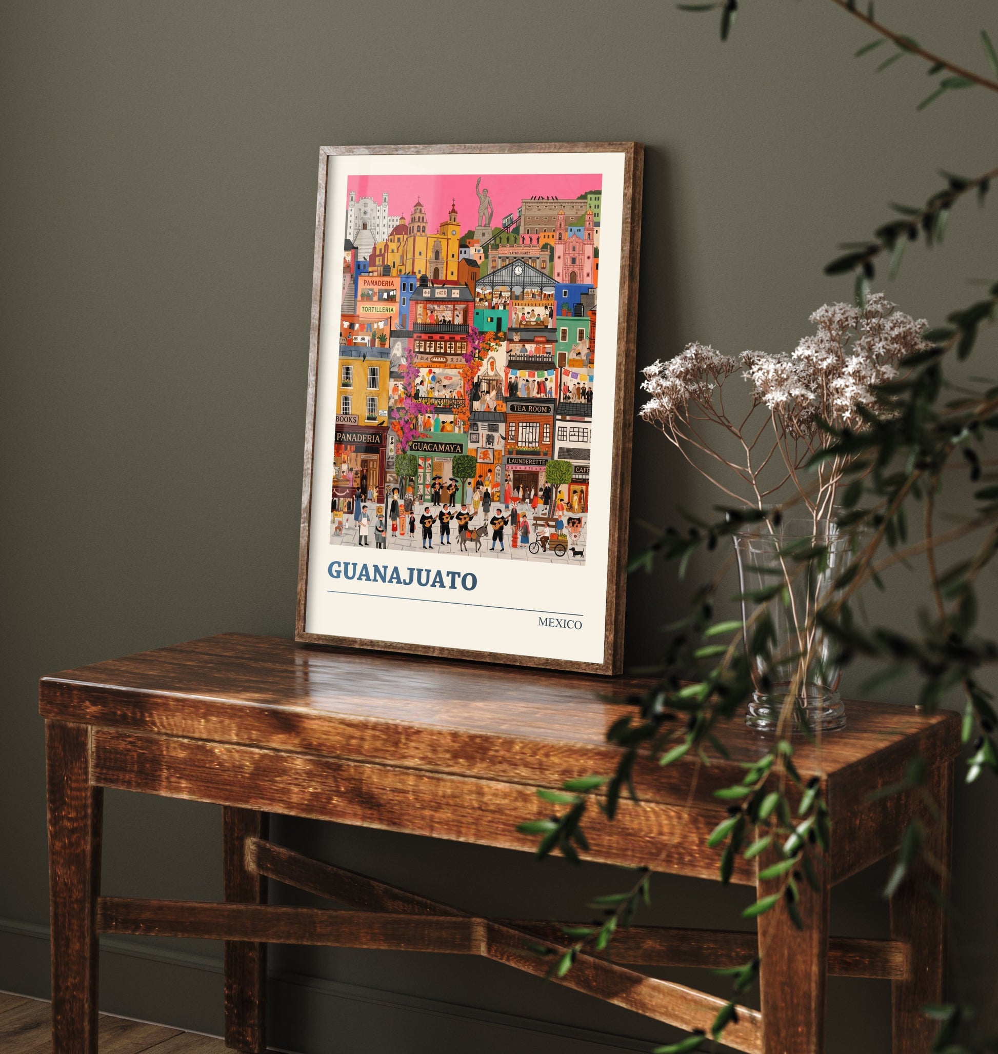 Guanajuato Mexico Travel Poster - Colourful Hillside City Art Print - Folk Art Illustration - Mariachi Streets 1/3