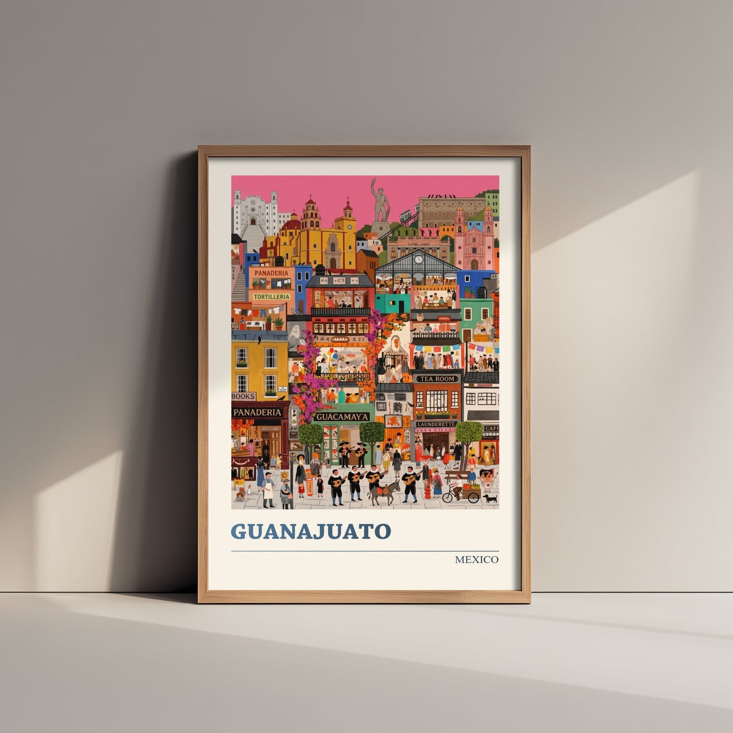 Guanajuato Mexico Travel Poster - Colourful Hillside City Art Print - Folk Art Illustration - Mariachi Streets 1/3