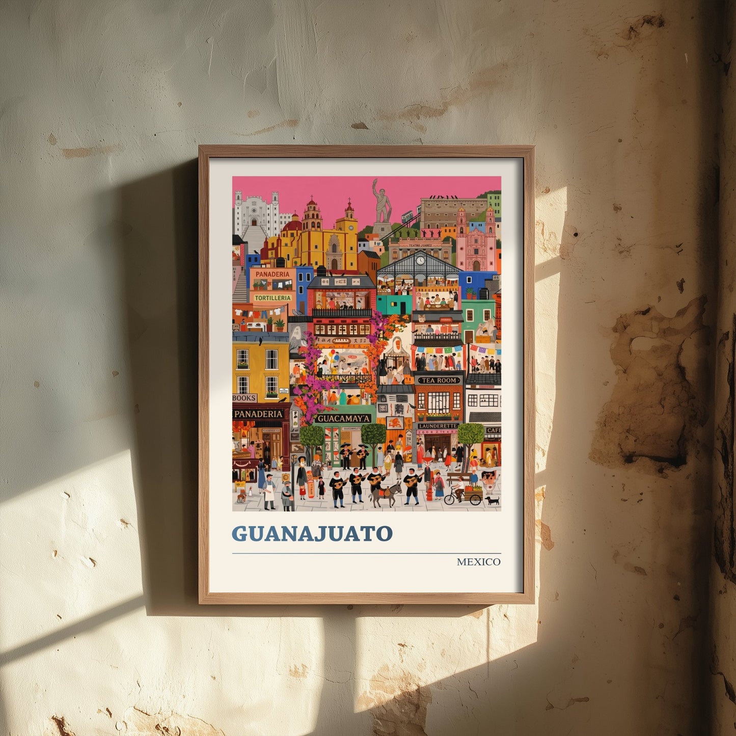 Guanajuato Mexico Travel Poster - Colourful Hillside City Art Print - Folk Art Illustration - Mariachi Streets 1/3
