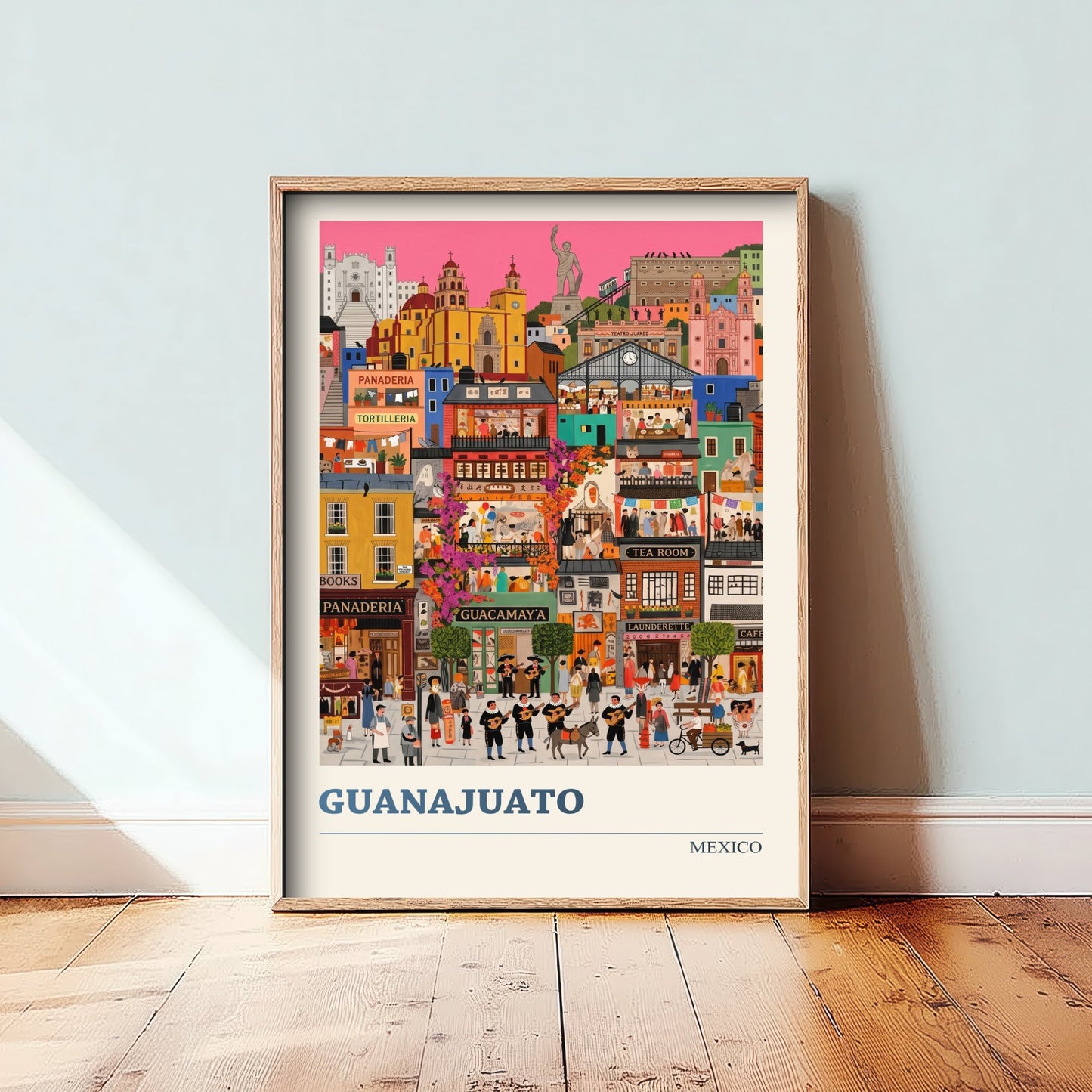 Guanajuato Mexico Travel Poster - Colourful Hillside City Art Print - Folk Art Illustration - Mariachi Streets 1/3