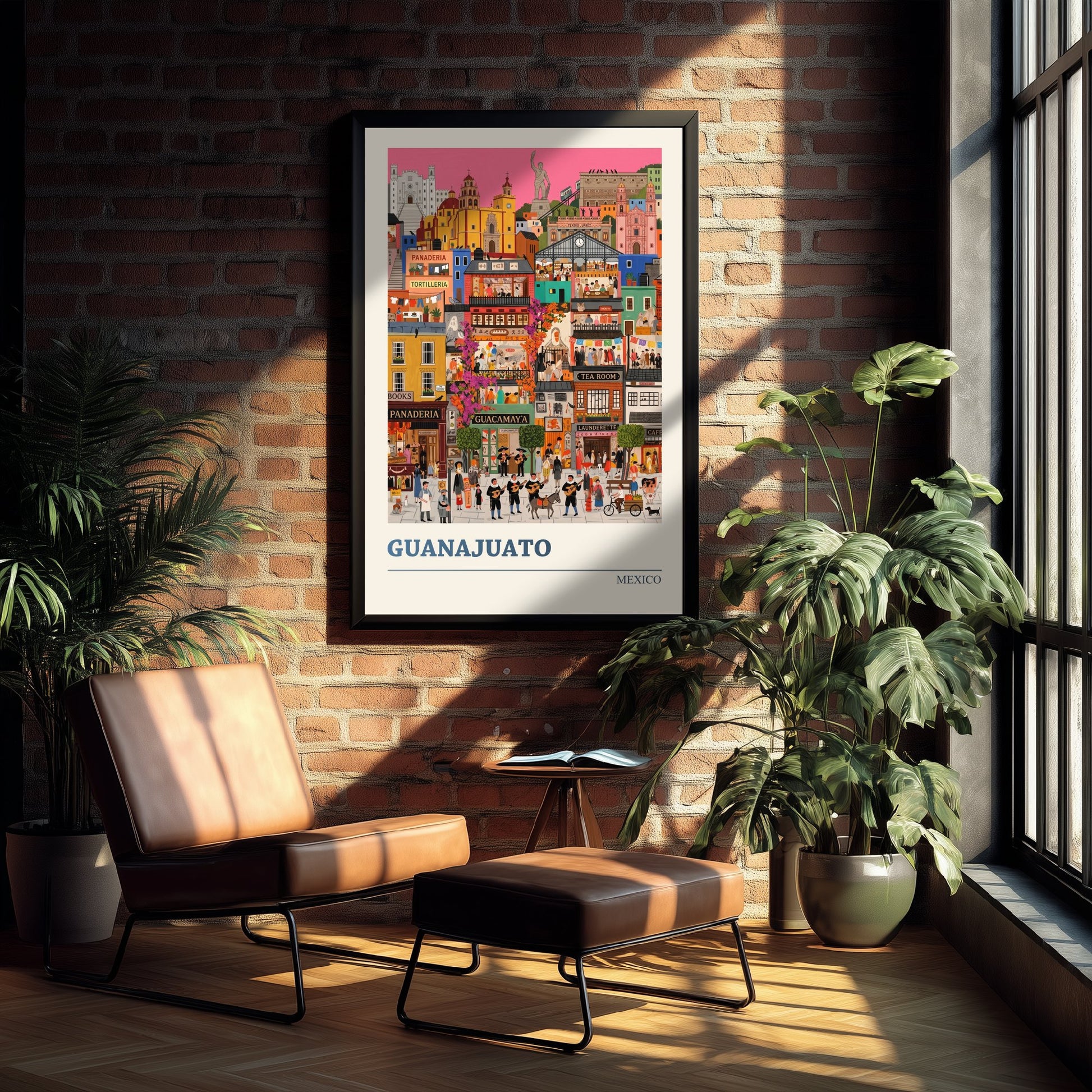 Guanajuato Mexico Travel Poster - Colourful Hillside City Art Print - Folk Art Illustration - Mariachi Streets 1/3