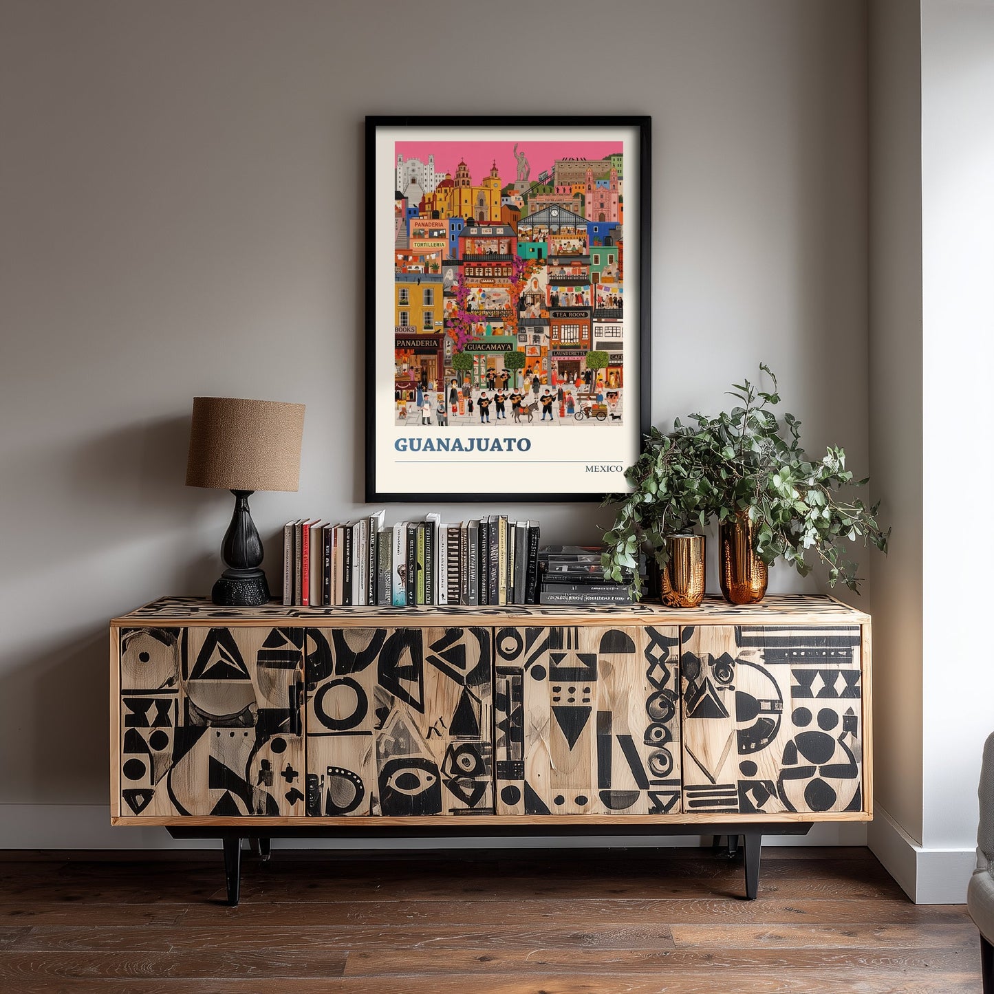 Guanajuato Mexico Travel Poster - Colourful Hillside City Art Print - Folk Art Illustration - Mariachi Streets 1/3