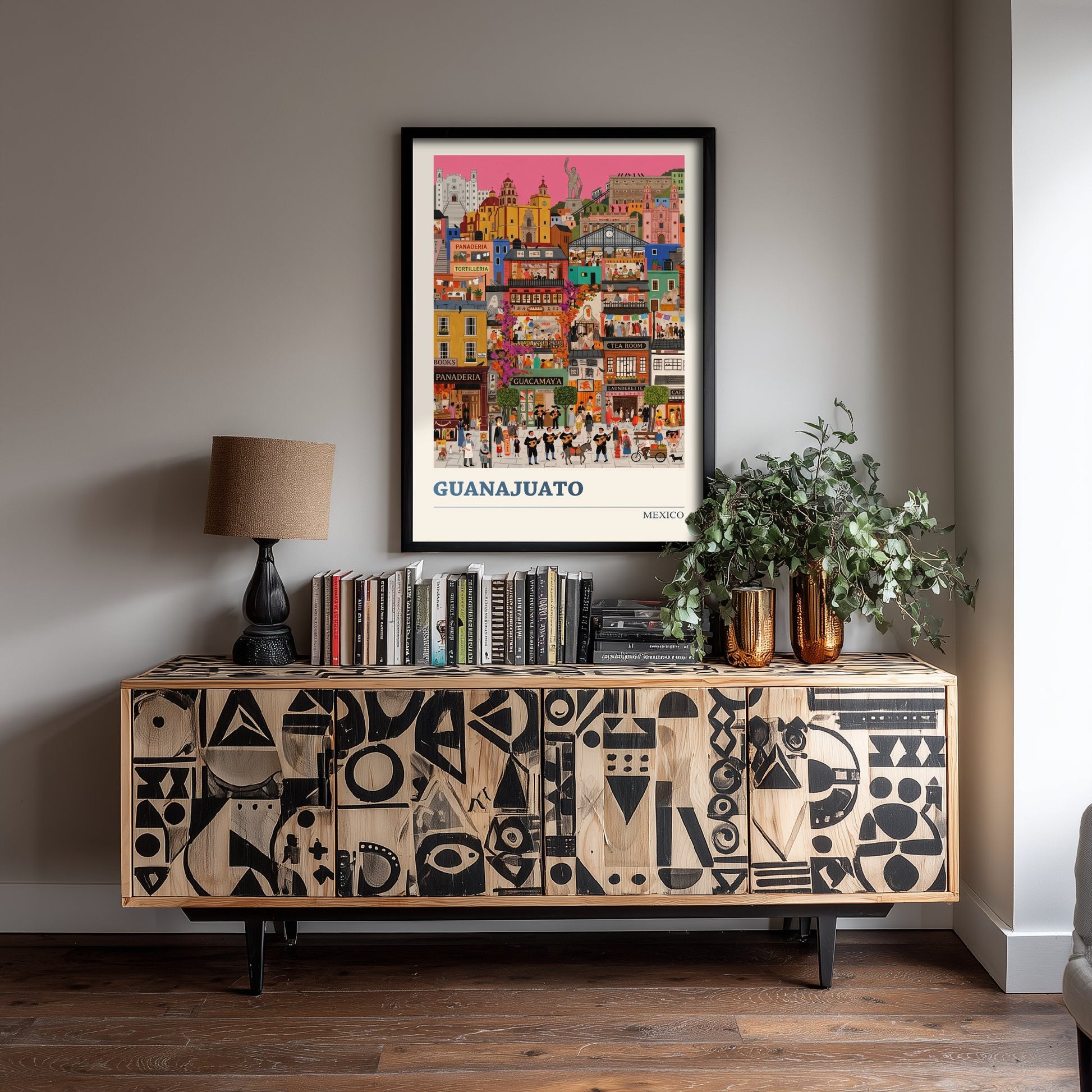 Guanajuato Mexico Travel Poster - Colourful Hillside City Art Print - Folk Art Illustration - Mariachi Streets 1/3