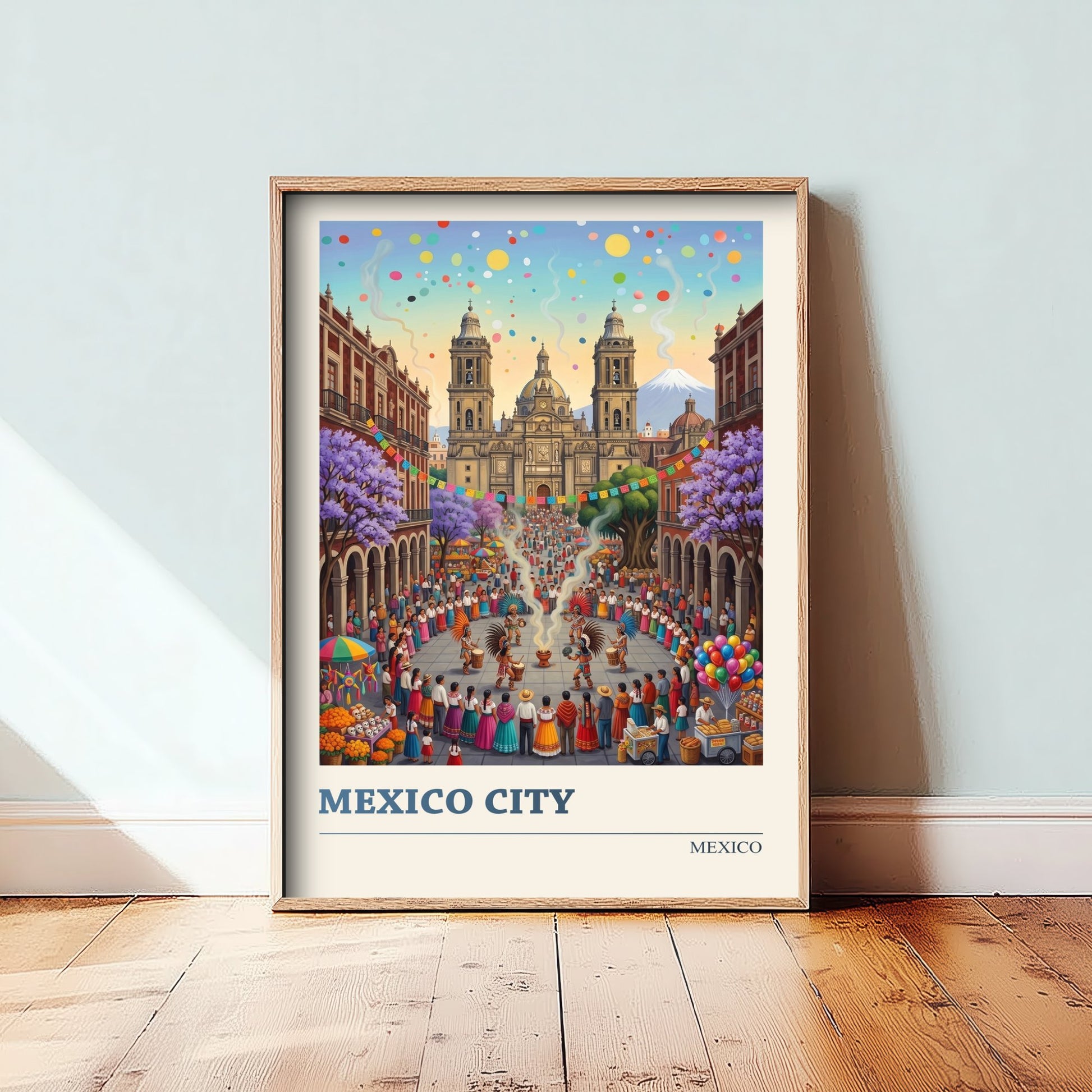 Mexico City Travel Poster - Zocalo Cathedral Art Print - Folk Art Illustration - Fiesta Dancers Volcano 2/3