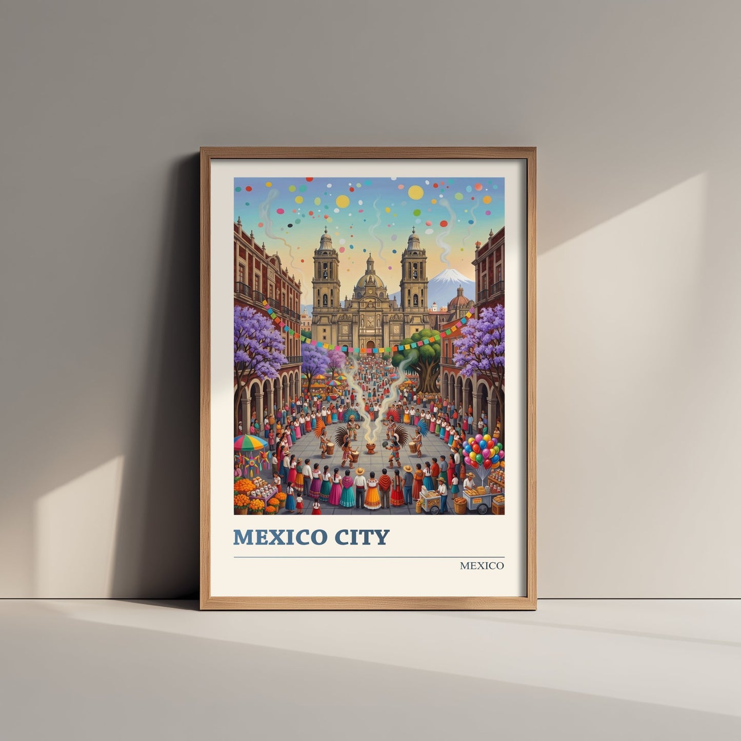 Mexico City Travel Poster - Zocalo Cathedral Art Print - Folk Art Illustration - Fiesta Dancers Volcano 2/3