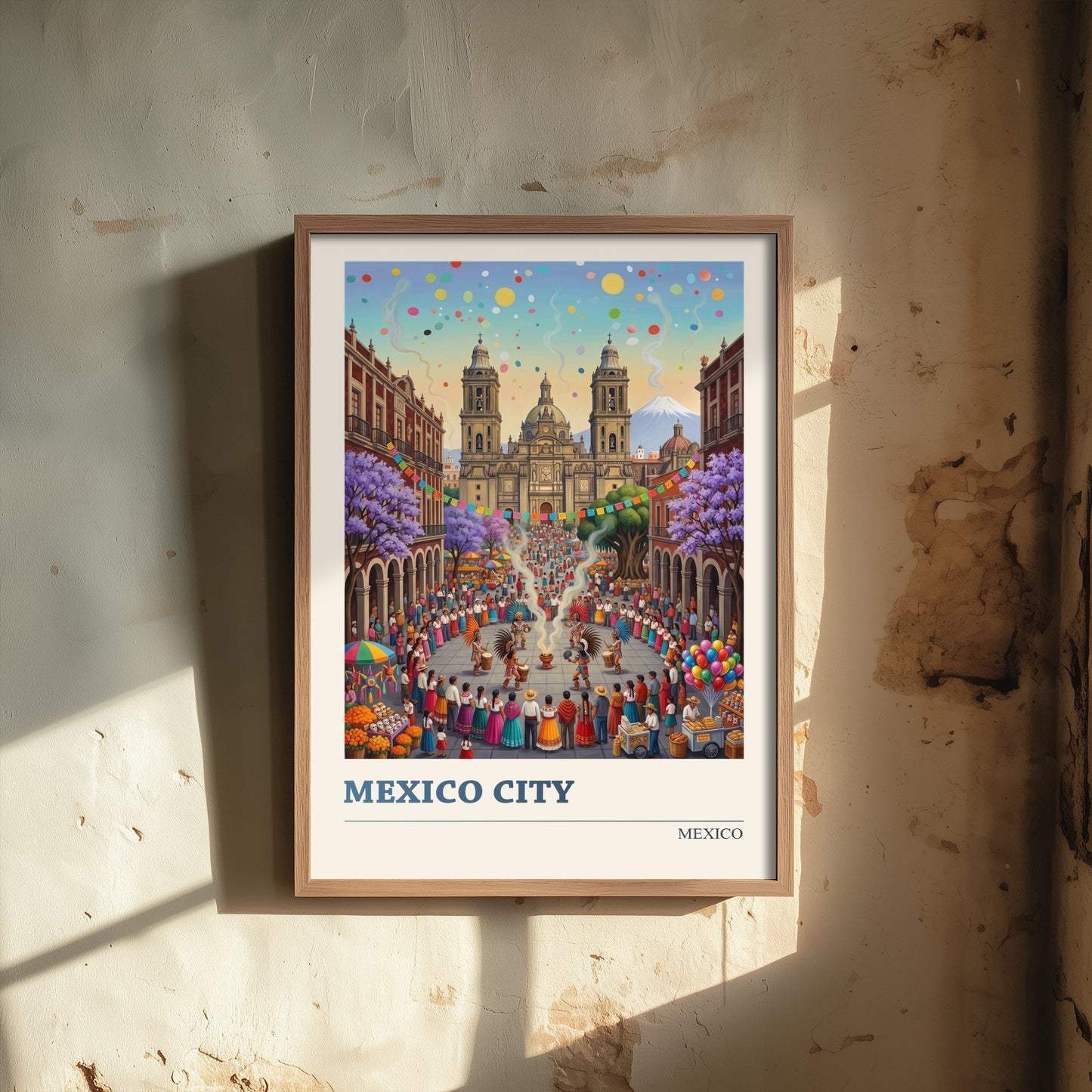 Mexico City Travel Poster - Zocalo Cathedral Art Print - Folk Art Illustration - Fiesta Dancers Volcano 2/3