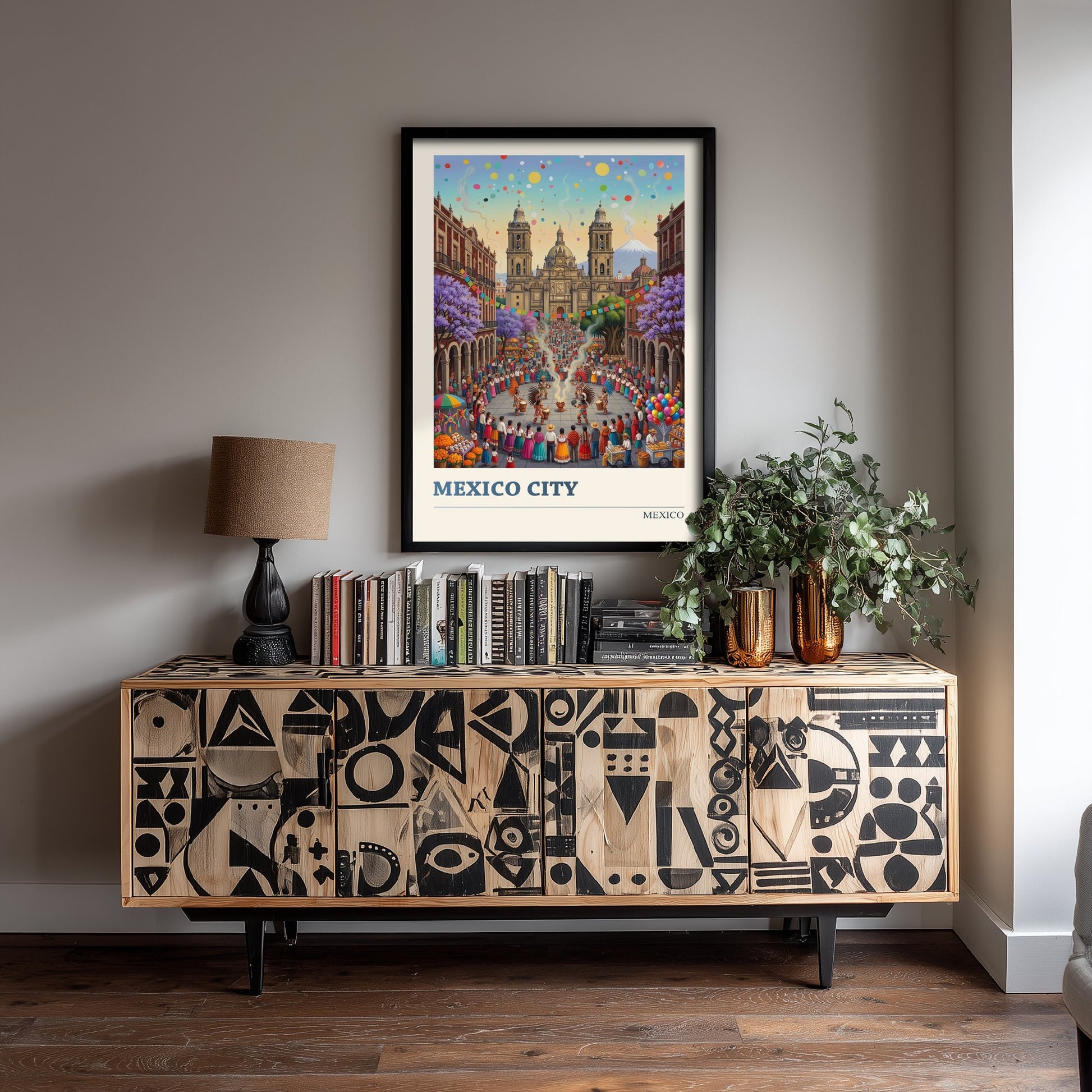 Mexico City Travel Poster - Zocalo Cathedral Art Print - Folk Art Illustration - Fiesta Dancers Volcano 2/3