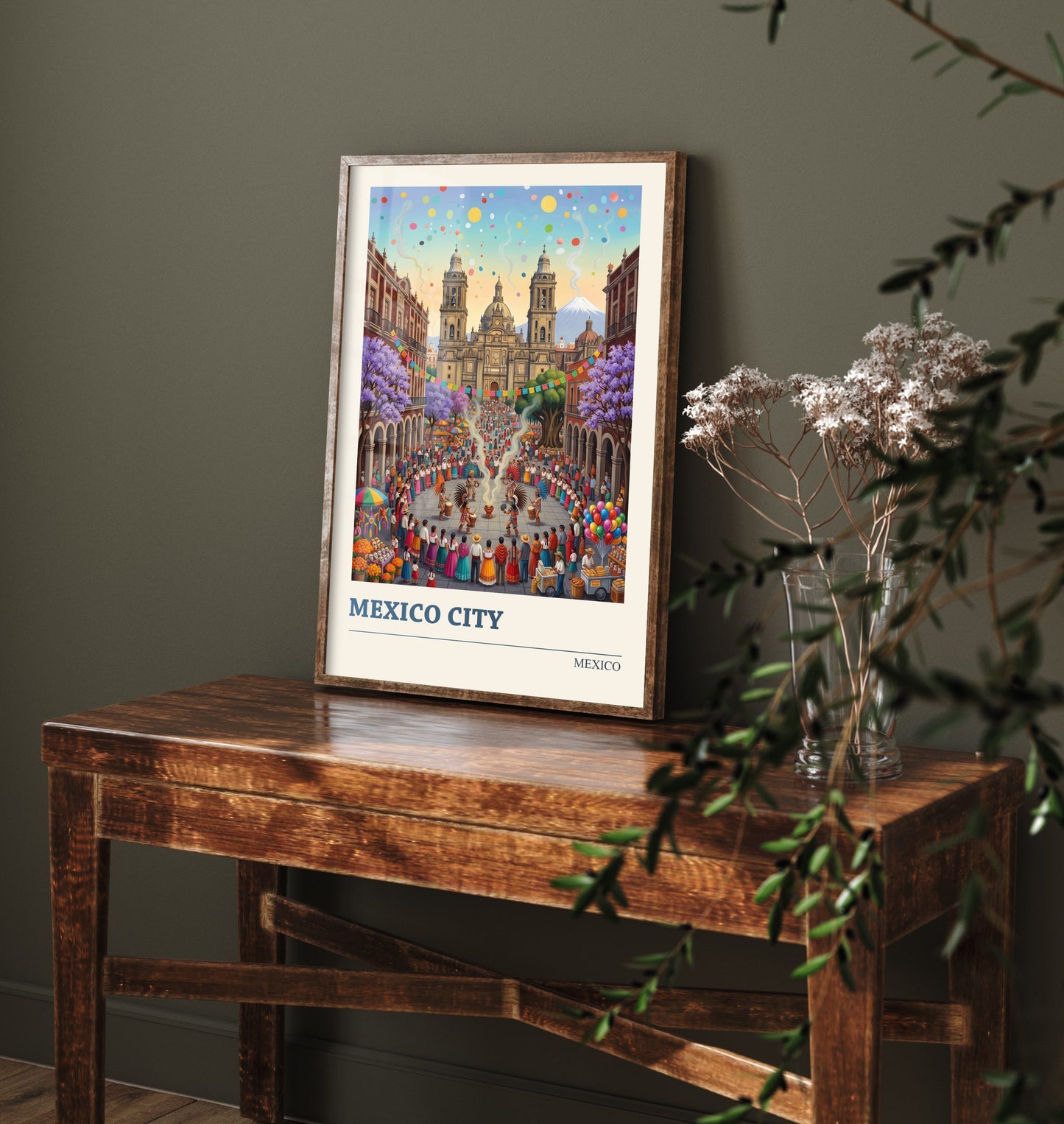 Mexico City Travel Poster - Zocalo Cathedral Art Print - Folk Art Illustration - Fiesta Dancers Volcano 2/3