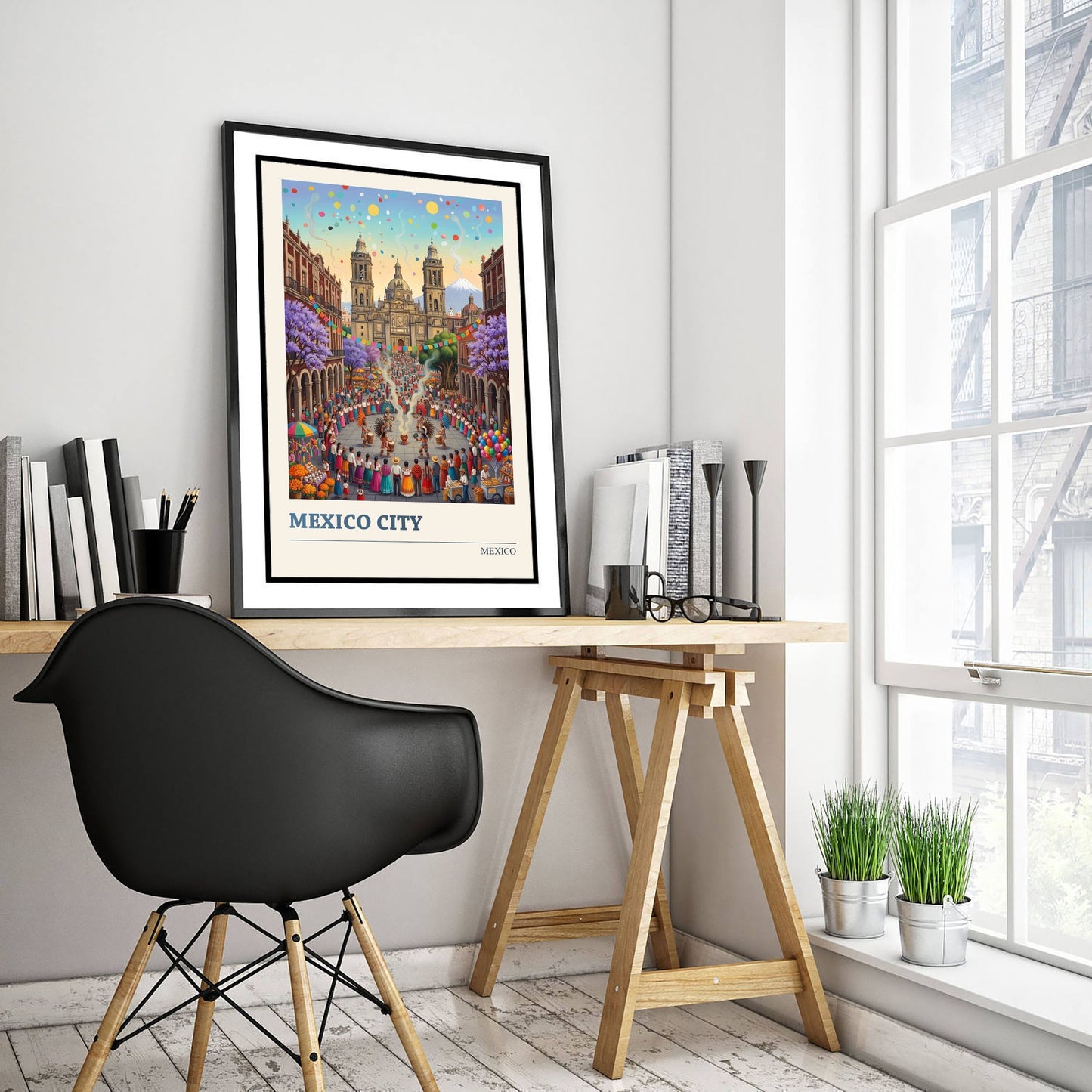 Mexico City Travel Poster - Zocalo Cathedral Art Print - Folk Art Illustration - Fiesta Dancers Volcano 2/3