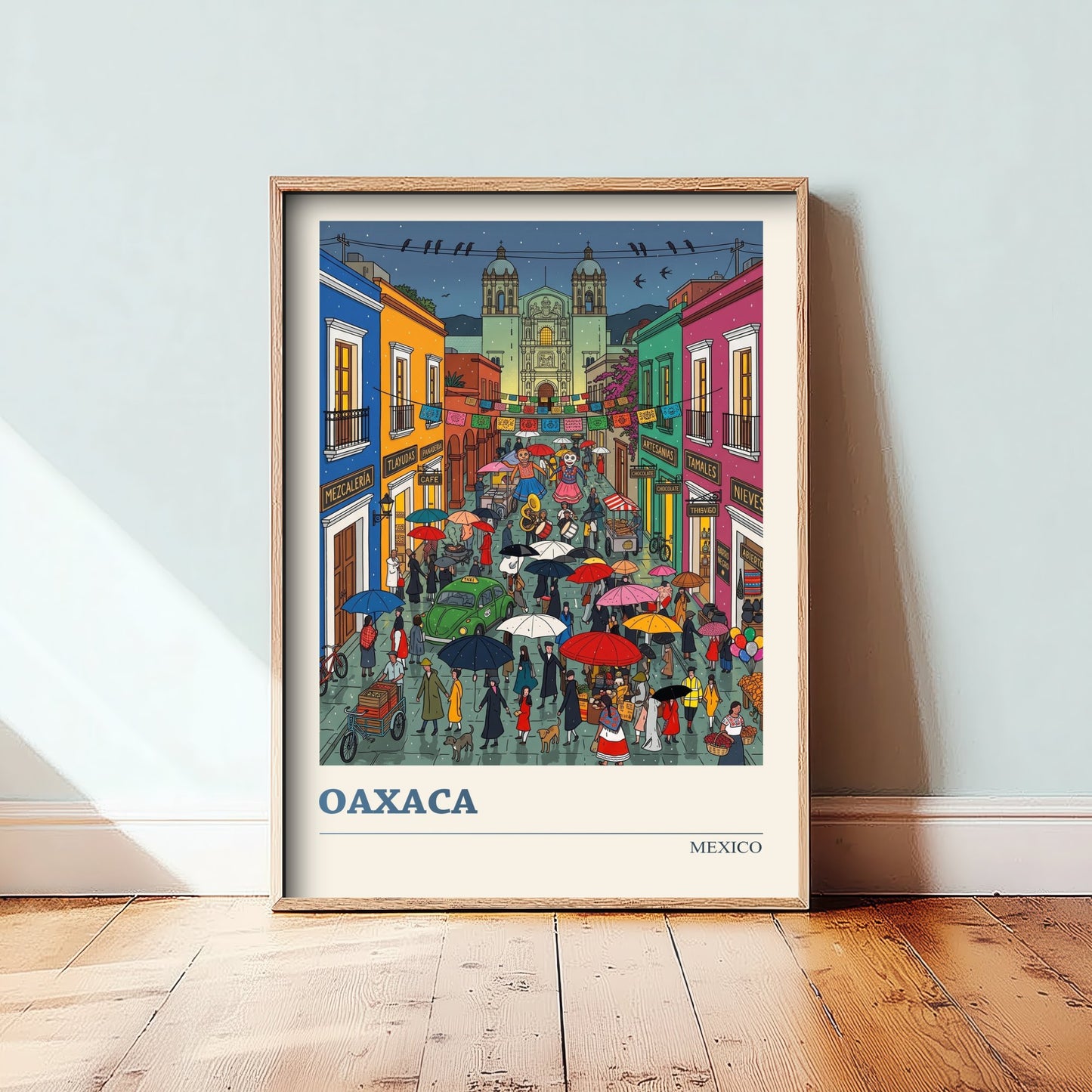 Oaxaca Mexico Travel Poster - Day of the Dead Streets Art Print - Folk Art Illustration - Rainy Night Fiesta 3/3