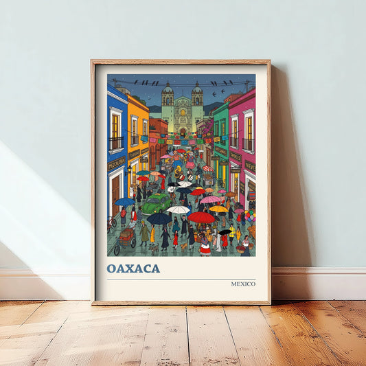 Oaxaca Mexico Travel Poster - Day of the Dead Streets Art Print - Folk Art Illustration - Rainy Night Fiesta 3/3