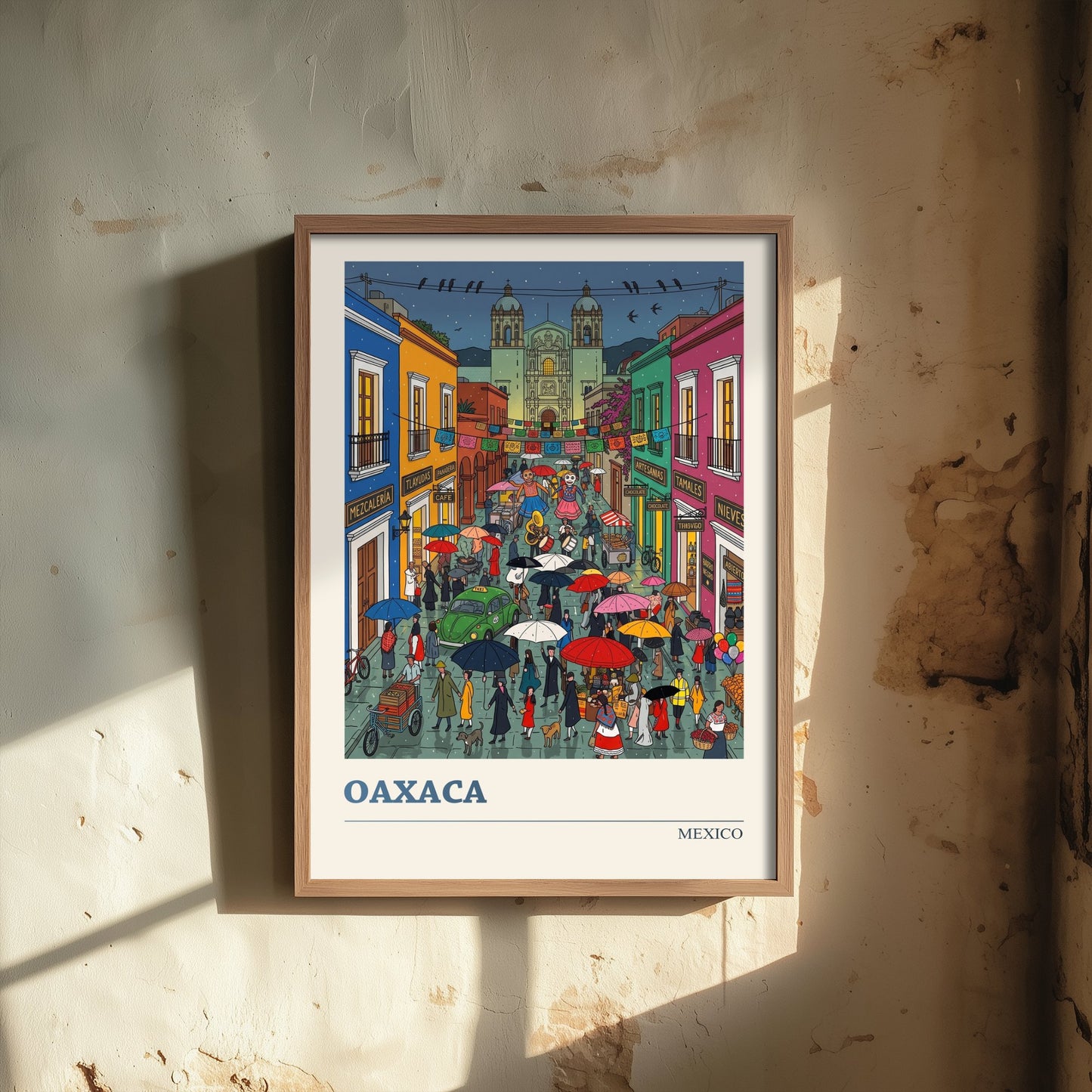 Oaxaca Mexico Travel Poster - Day of the Dead Streets Art Print - Folk Art Illustration - Rainy Night Fiesta 3/3