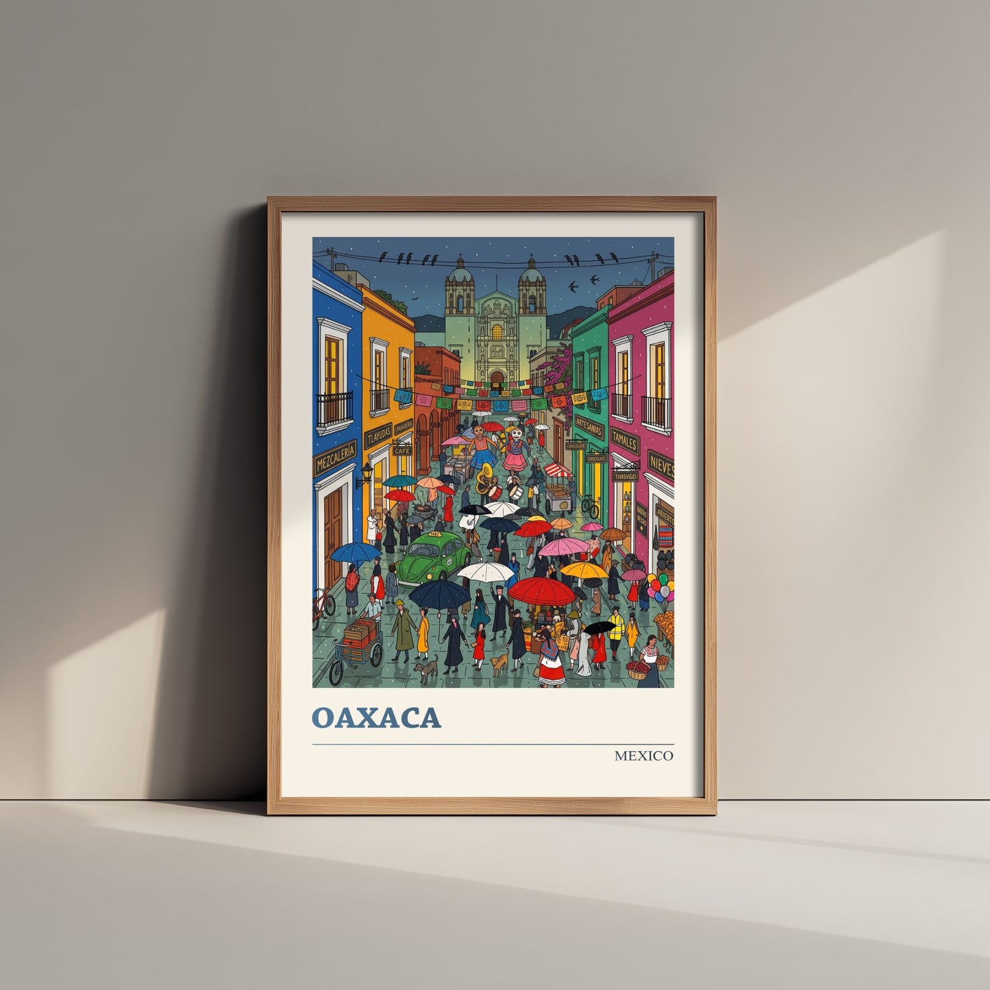 Oaxaca Mexico Travel Poster - Day of the Dead Streets Art Print - Folk Art Illustration - Rainy Night Fiesta 3/3