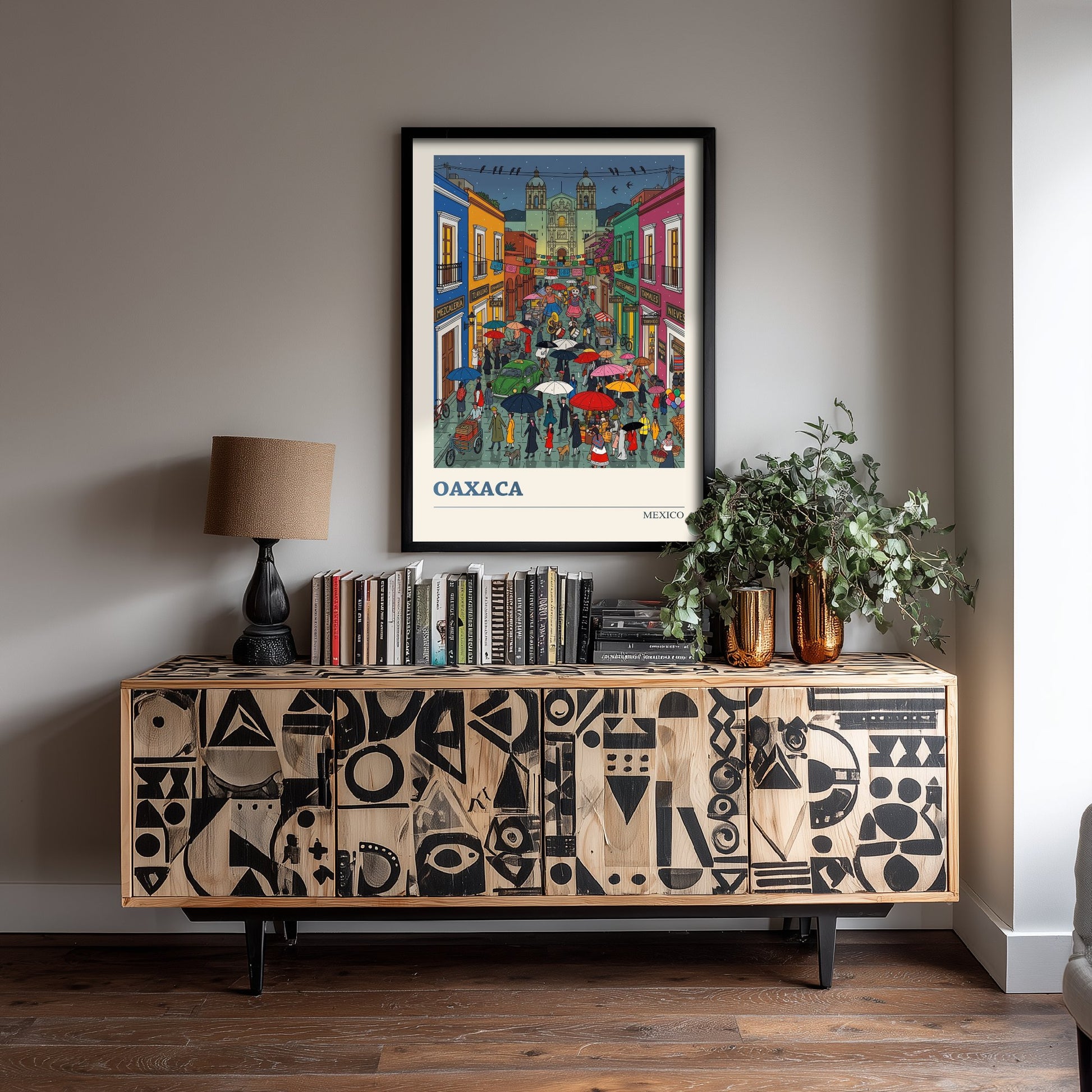 Oaxaca Mexico Travel Poster - Day of the Dead Streets Art Print - Folk Art Illustration - Rainy Night Fiesta 3/3