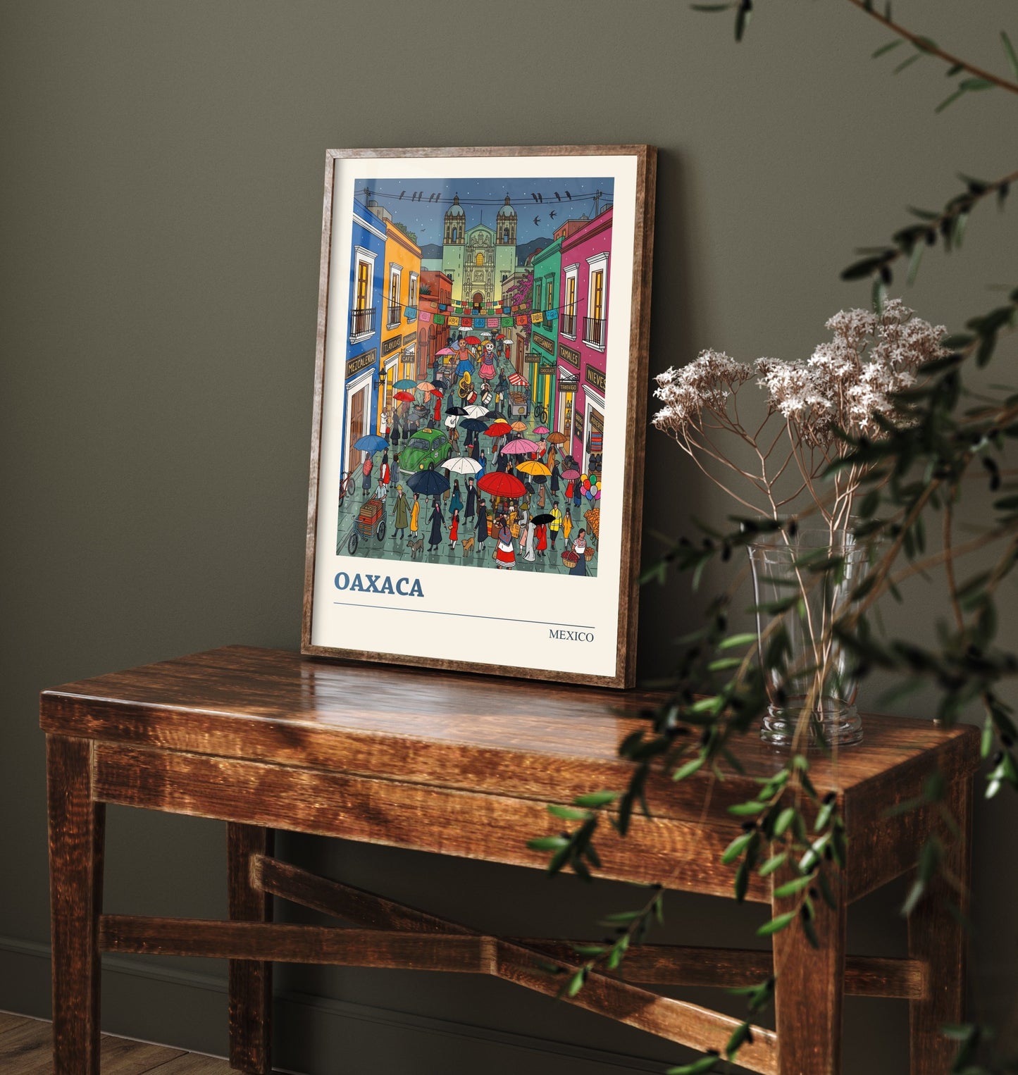 Oaxaca Mexico Travel Poster - Day of the Dead Streets Art Print - Folk Art Illustration - Rainy Night Fiesta 3/3