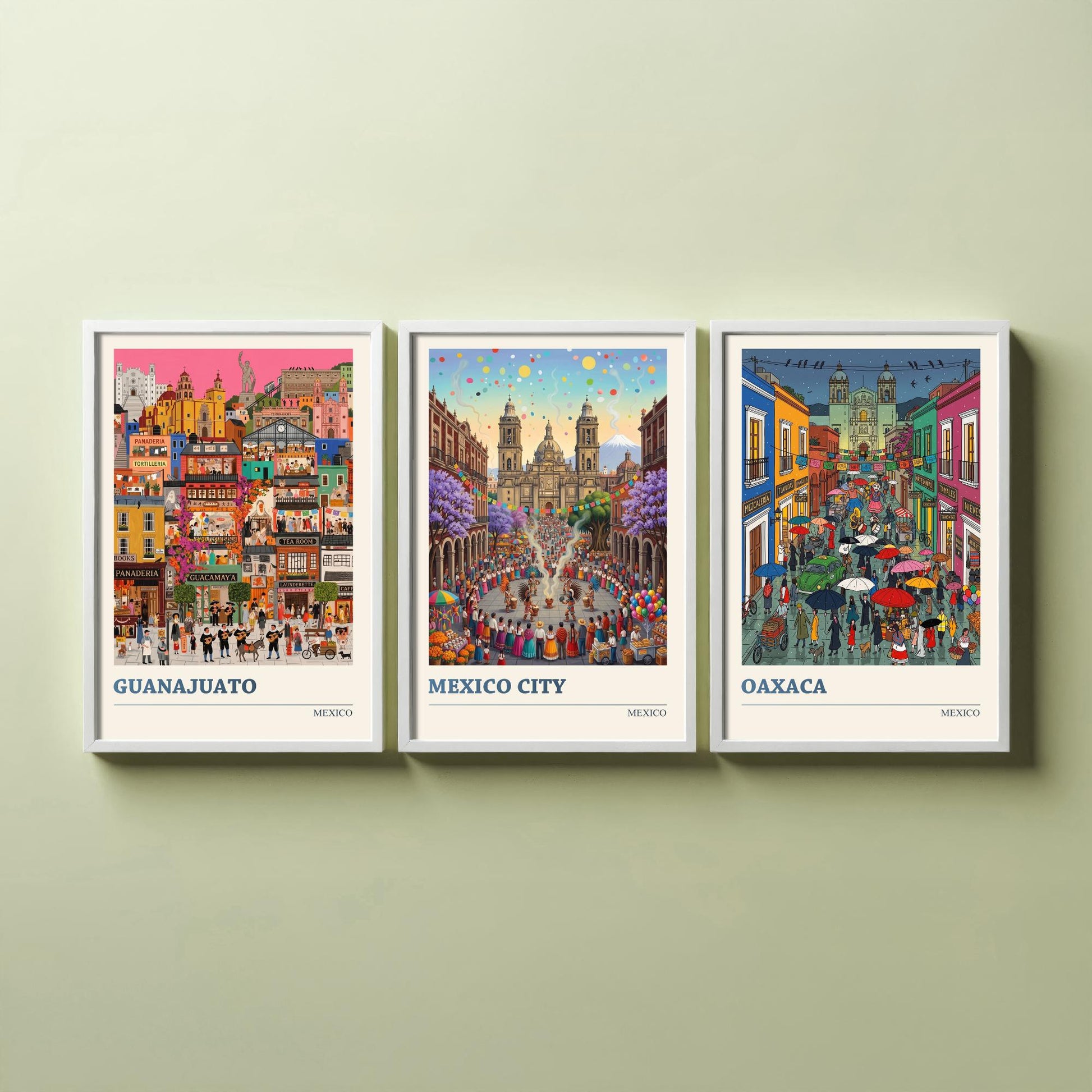 Mexico Set of Three Art Prints - Guanajuato, Mexico City, Oaxaca - 3 Colourful Folk Illustration Travel Posters - Mexican Painting