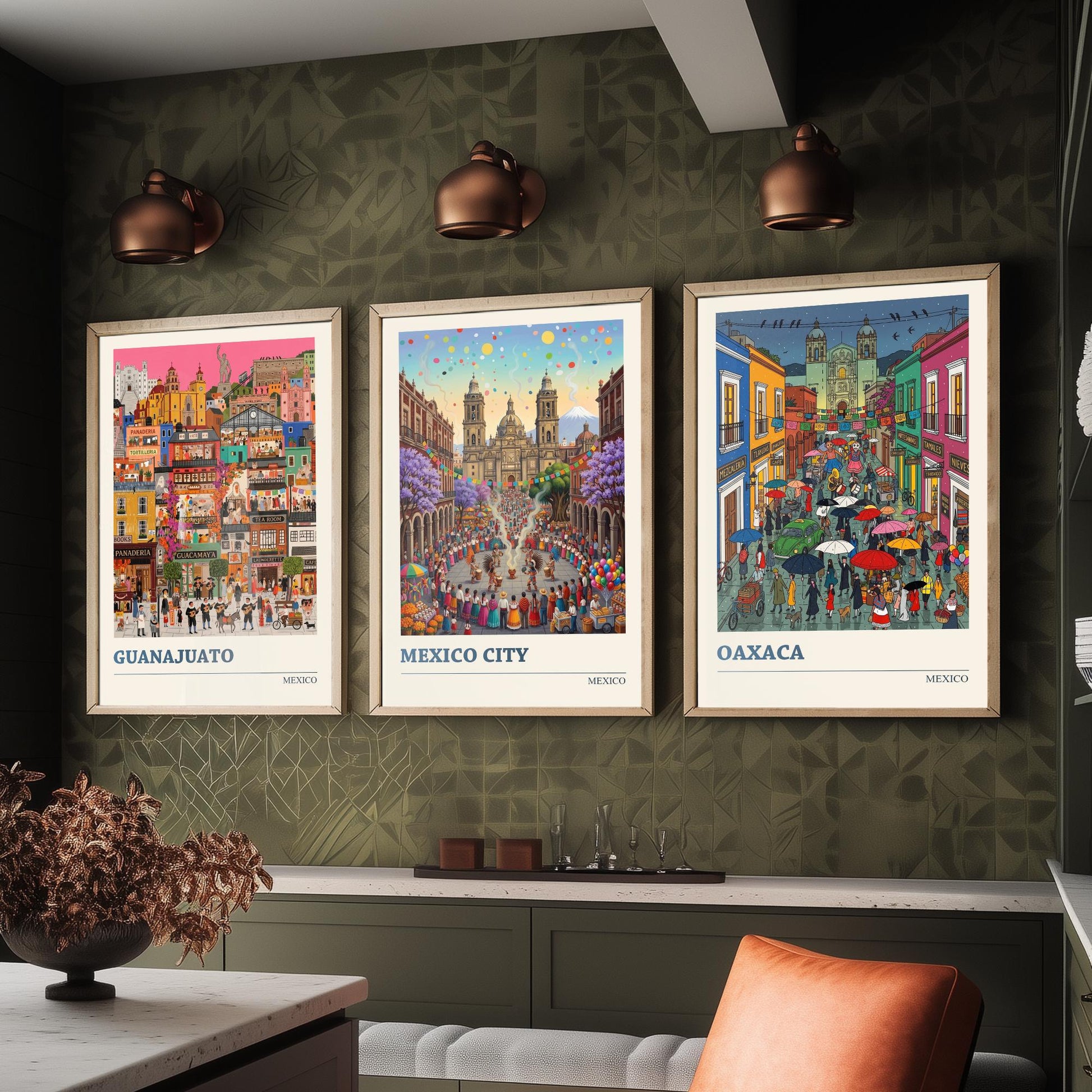 Mexico Set of Three Art Prints - Guanajuato, Mexico City, Oaxaca - 3 Colourful Folk Illustration Travel Posters - Mexican Painting