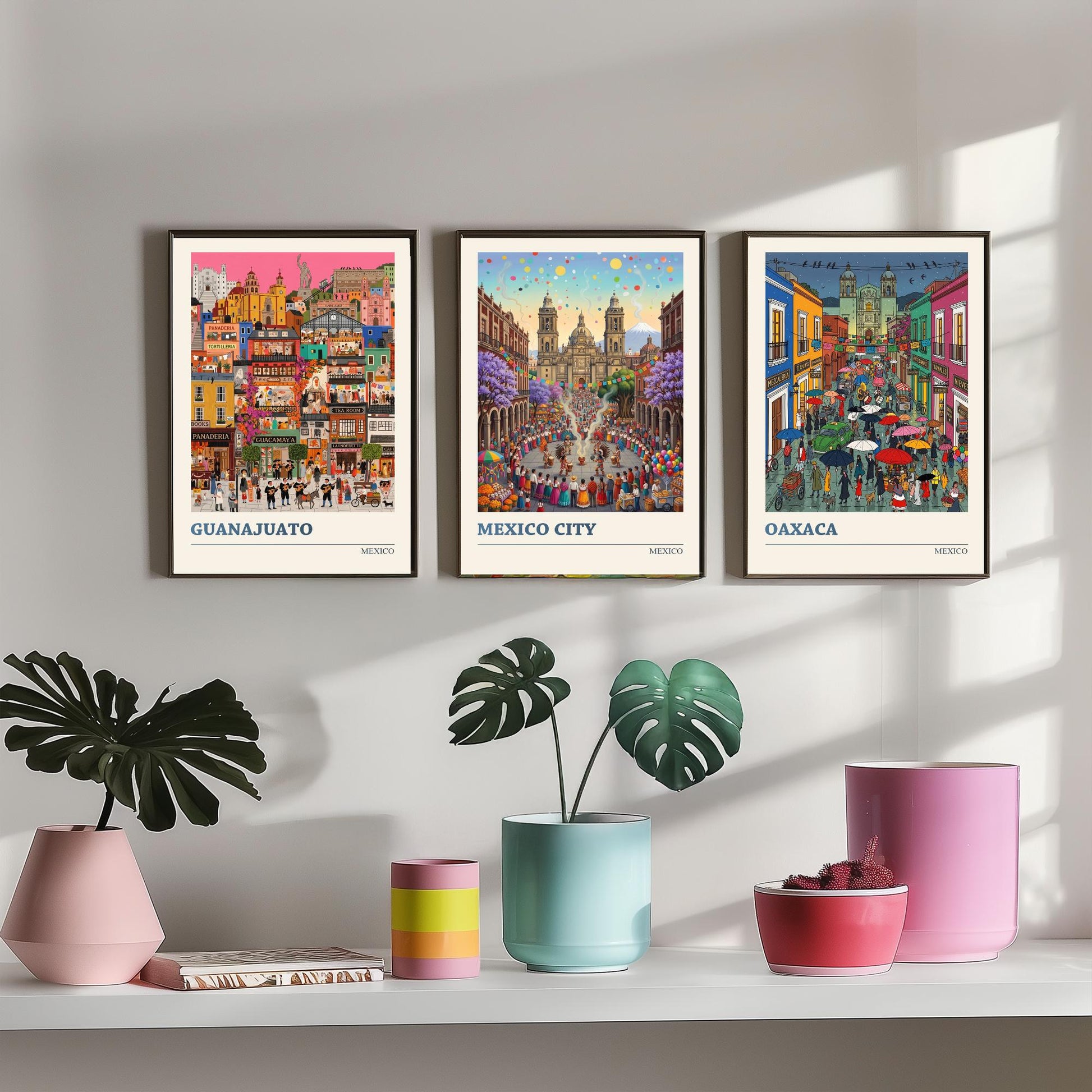 Mexico Set of Three Art Prints - Guanajuato, Mexico City, Oaxaca - 3 Colourful Folk Illustration Travel Posters - Mexican Painting
