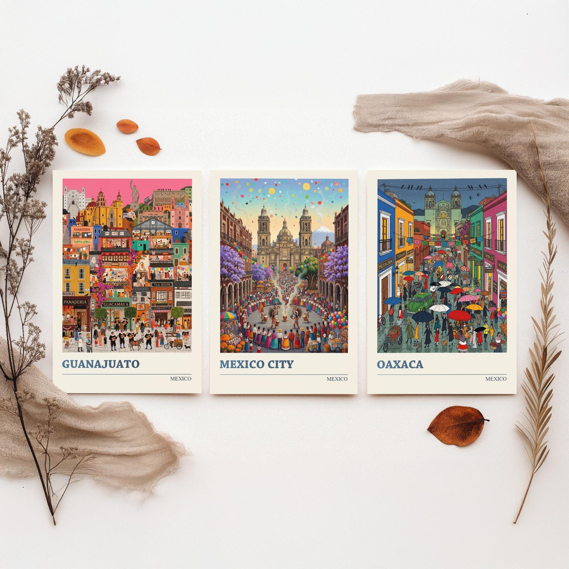 Mexico Set of Three Art Prints - Guanajuato, Mexico City, Oaxaca - 3 Colourful Folk Illustration Travel Posters - Mexican Painting