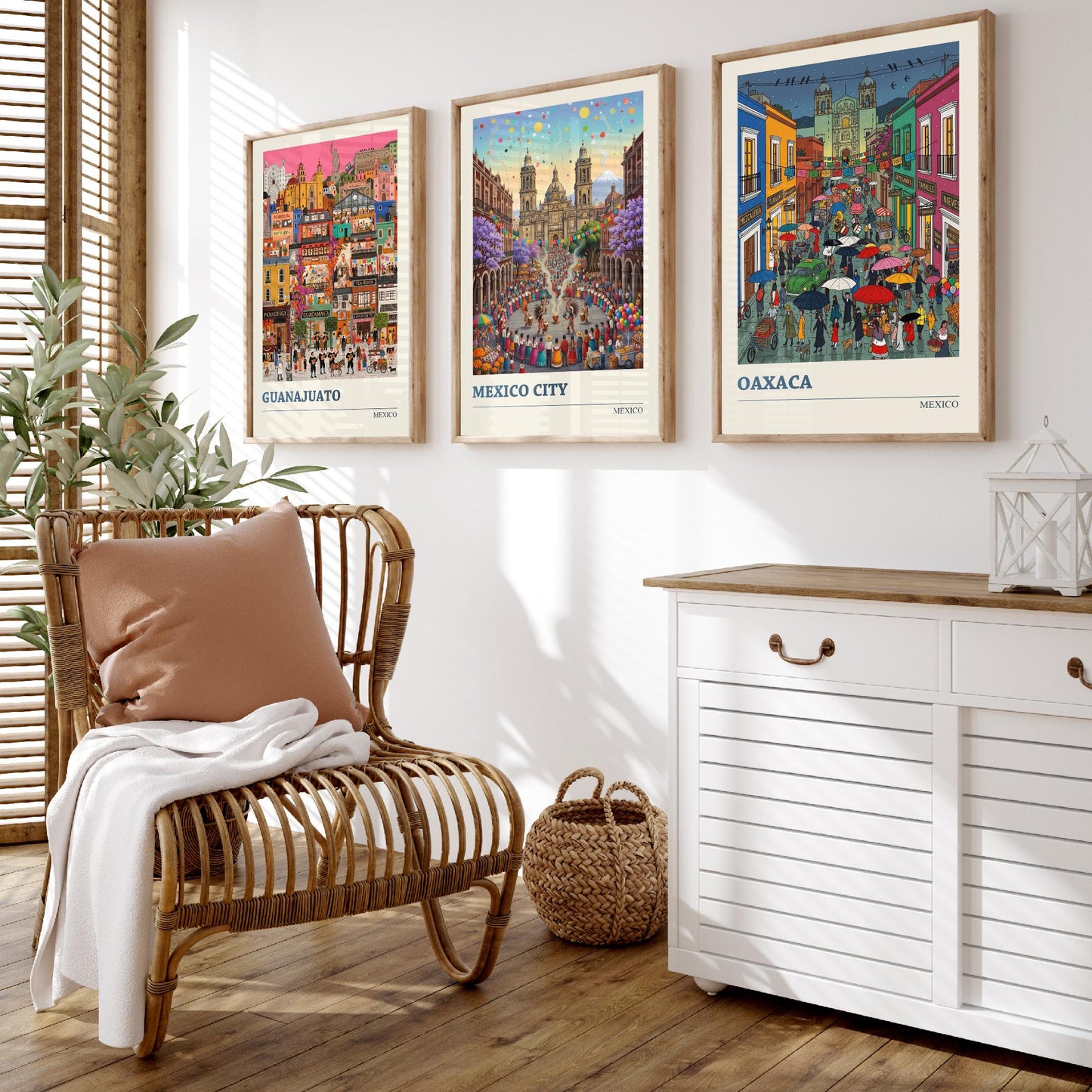Mexico Set of Three Art Prints - Guanajuato, Mexico City, Oaxaca - 3 Colourful Folk Illustration Travel Posters - Mexican Painting