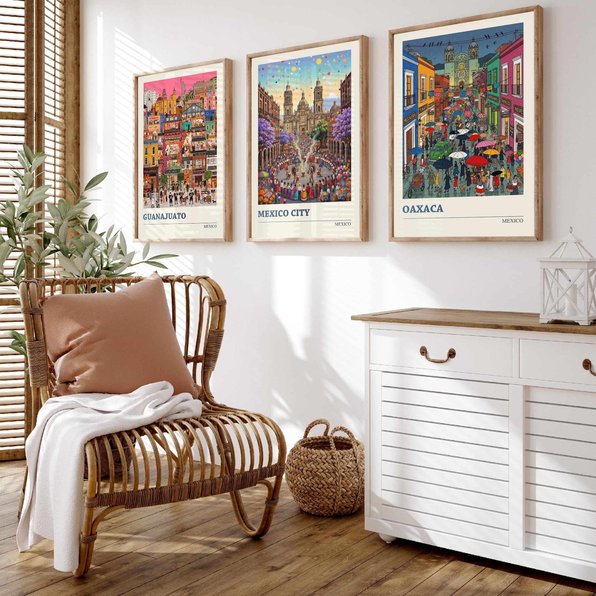 Mexico Set of Three Art Prints - Guanajuato, Mexico City, Oaxaca - 3 Colourful Folk Illustration Travel Posters - Mexican Painting
