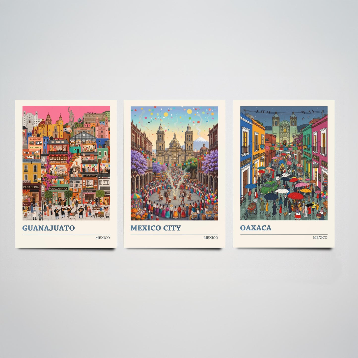 Mexico Set of Three Art Prints - Guanajuato, Mexico City, Oaxaca - 3 Colourful Folk Illustration Travel Posters - Mexican Painting