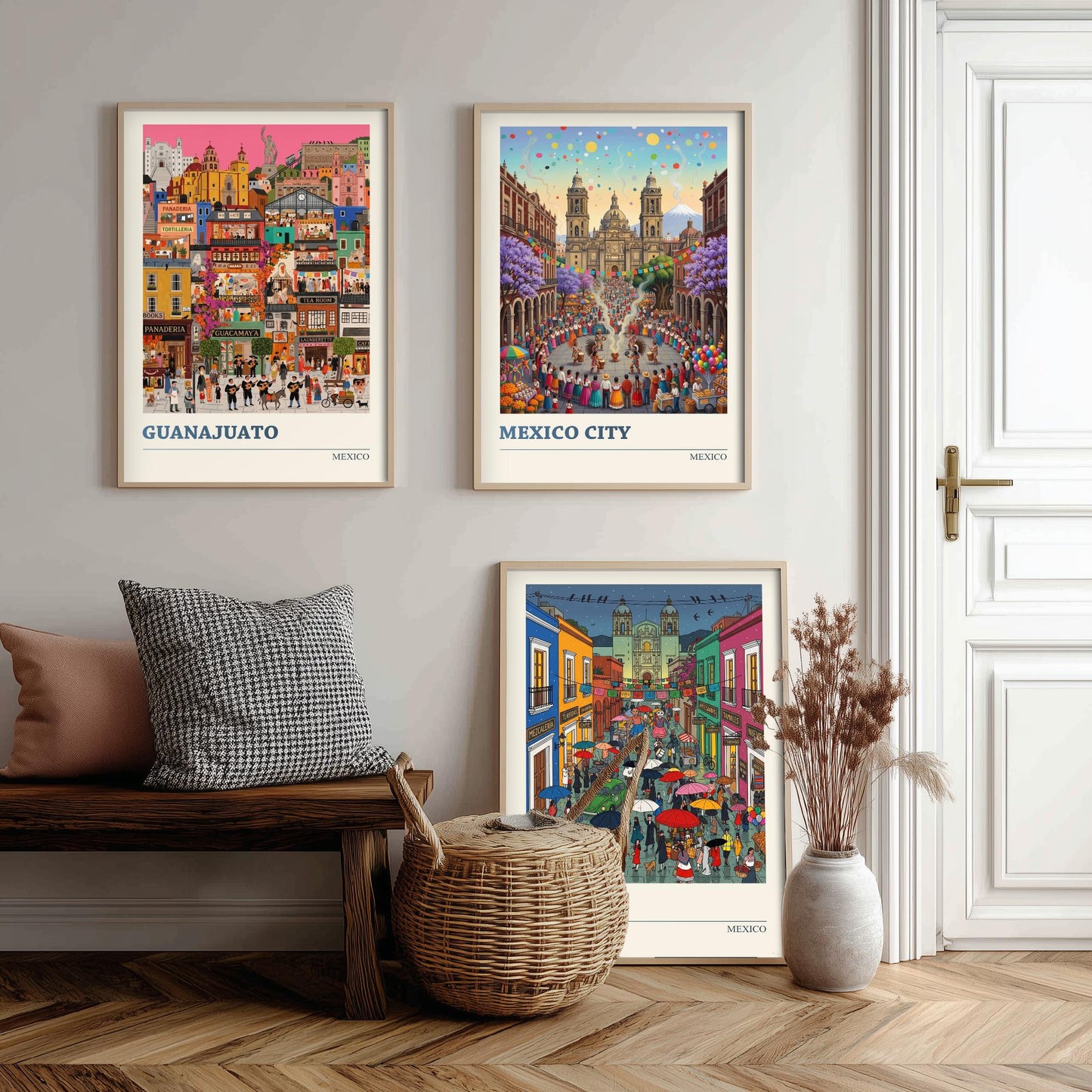Mexico Set of Three Art Prints - Guanajuato, Mexico City, Oaxaca - 3 Colourful Folk Illustration Travel Posters - Mexican Painting
