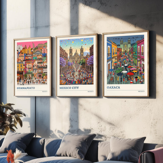 Mexico Set of Three Art Prints - Guanajuato, Mexico City, Oaxaca - 3 Colourful Folk Illustration Travel Posters - Mexican Painting
