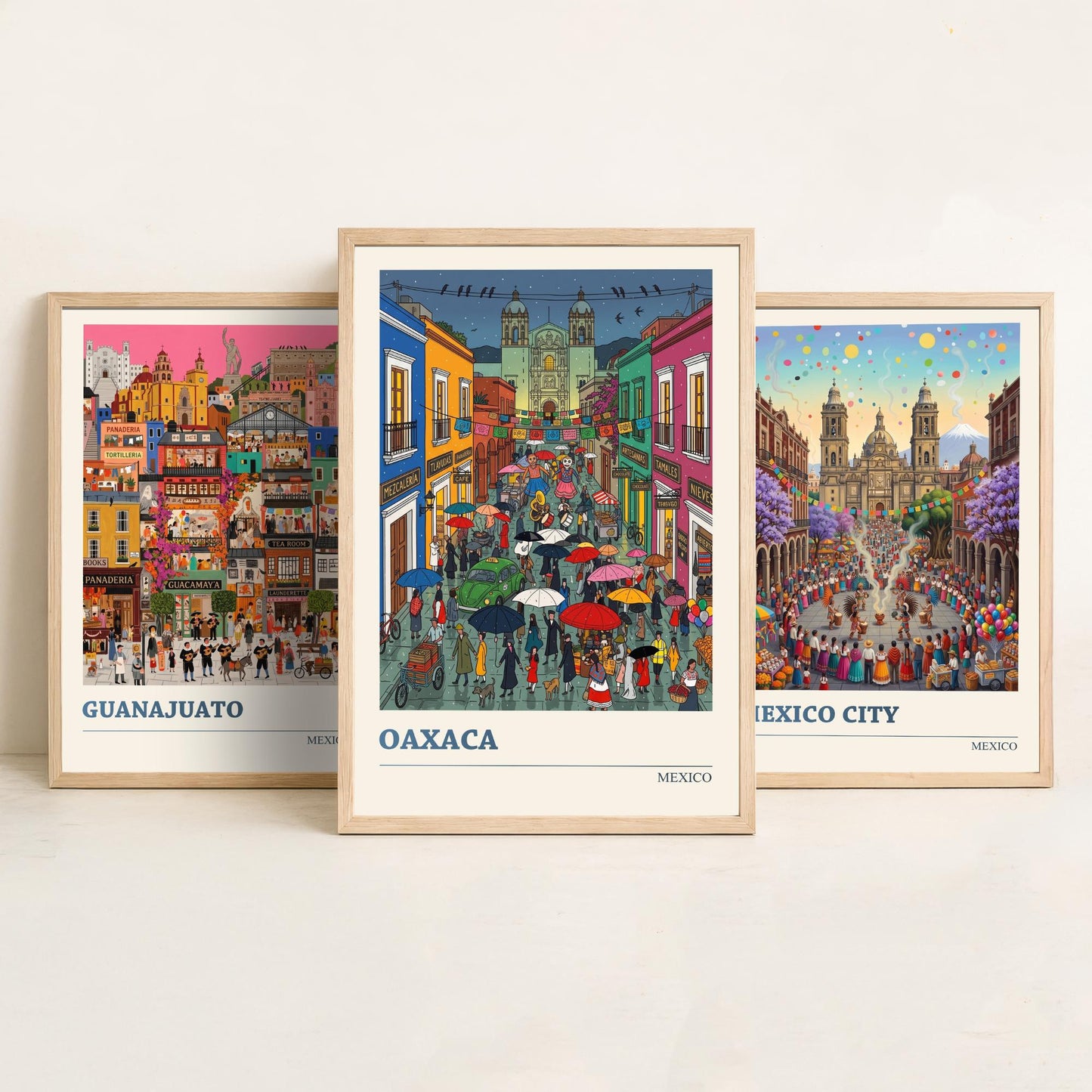 Mexico Set of Three Art Prints - Guanajuato, Mexico City, Oaxaca - 3 Colourful Folk Illustration Travel Posters - Mexican Painting