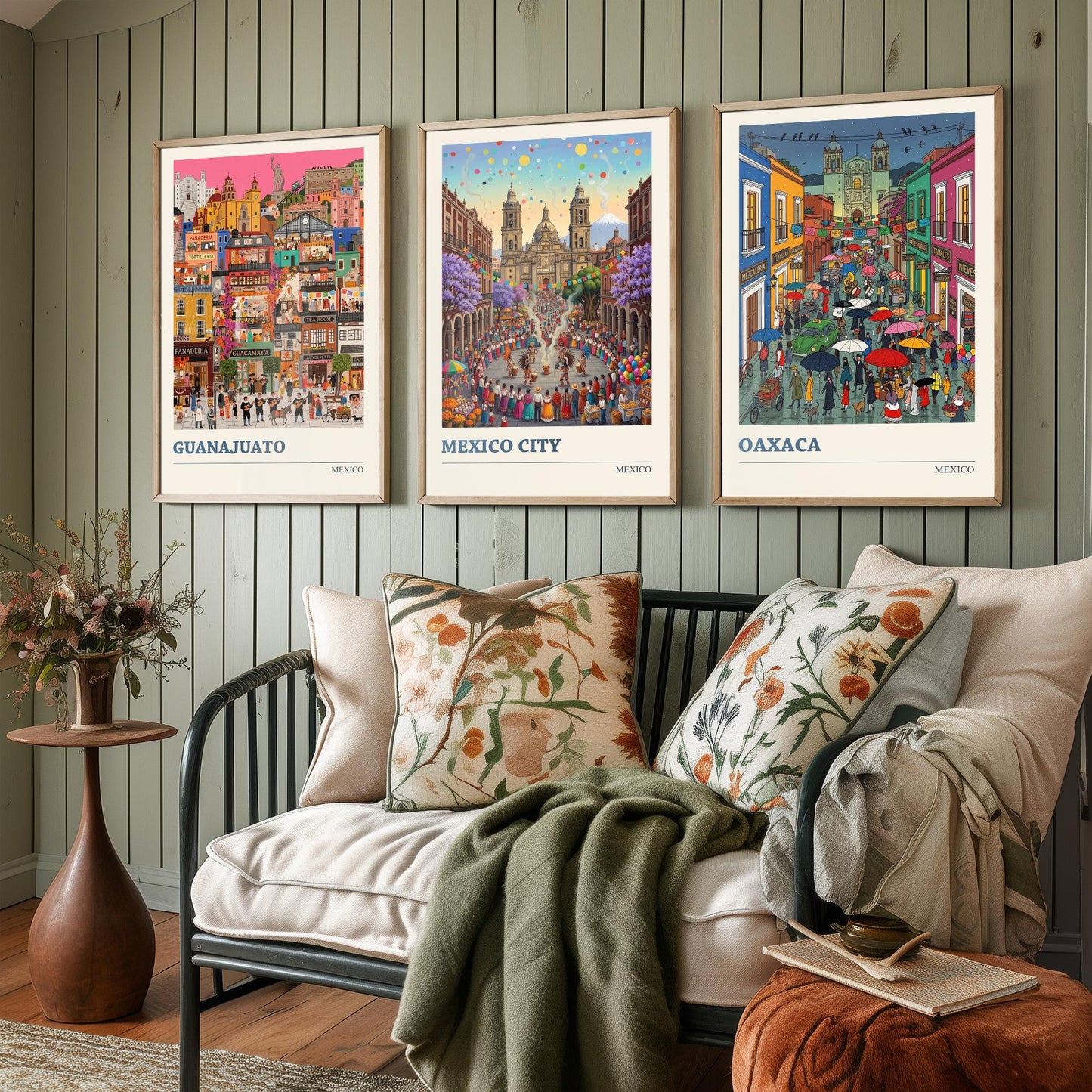 Mexico Set of Three Art Prints - Guanajuato, Mexico City, Oaxaca - 3 Colourful Folk Illustration Travel Posters - Mexican Painting