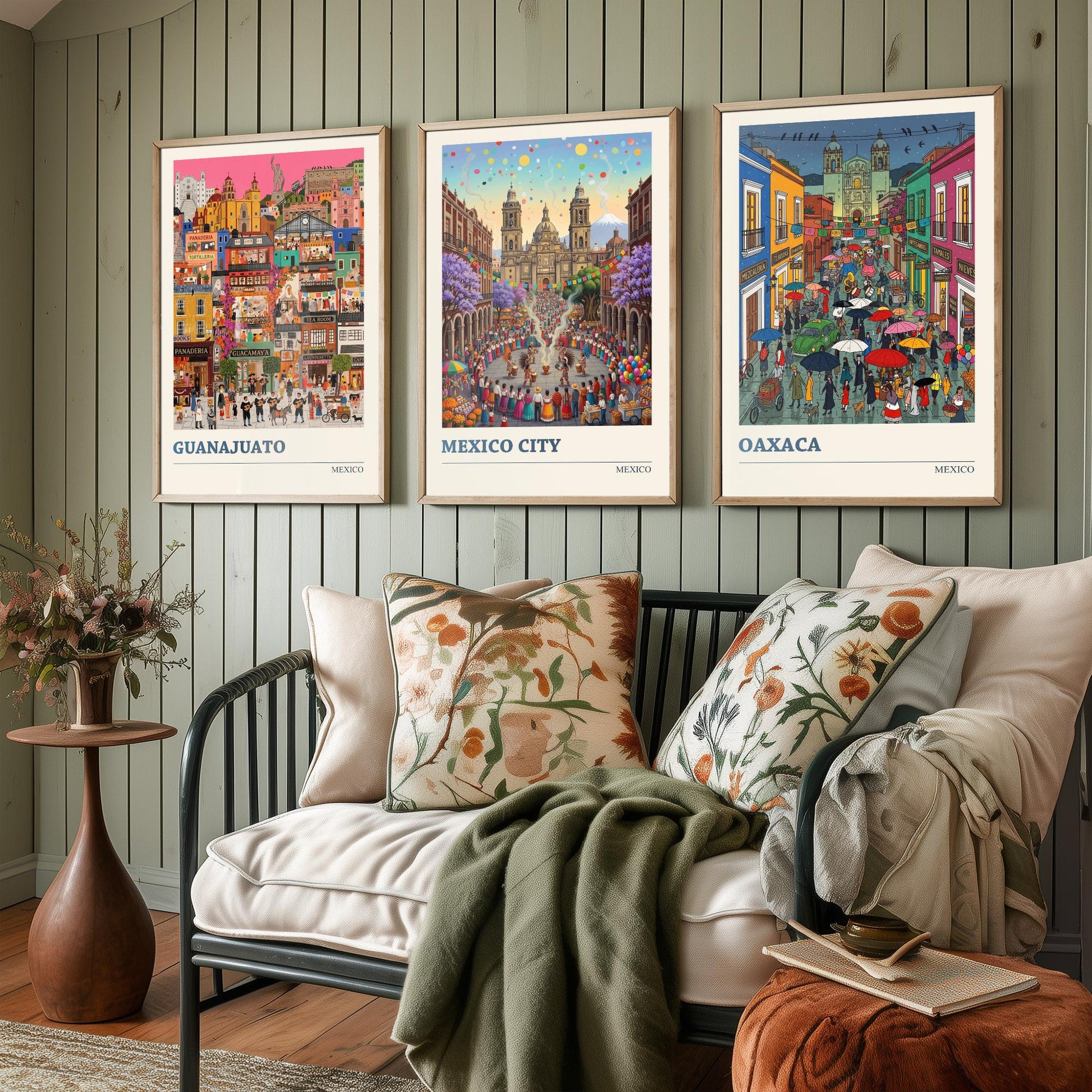 Mexico Set of Three Art Prints - Guanajuato, Mexico City, Oaxaca - 3 Colourful Folk Illustration Travel Posters - Mexican Painting